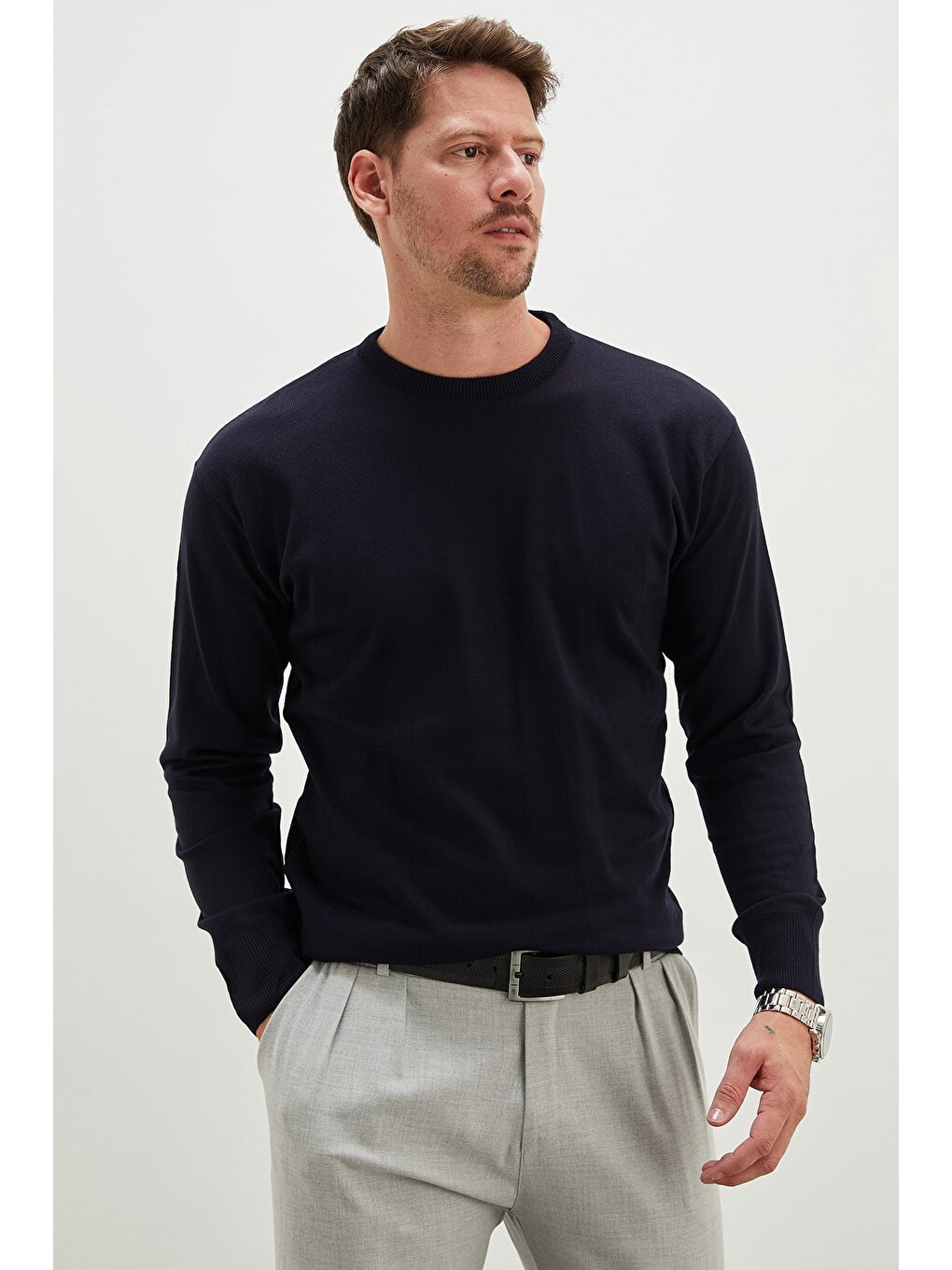 Lacivert Basic Bisiklet Yaka Regular Fit Triko Kazak-1