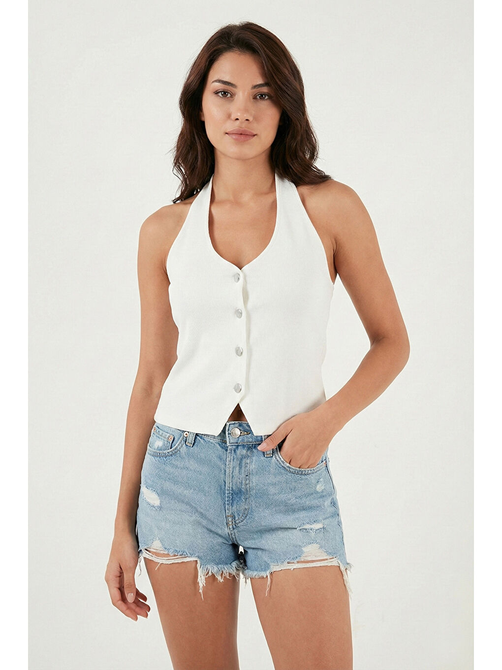 Ekru Fitilli Fitted Fit Halter Yaka Sırt Dekolteli Kadın Yelek 5866515-3