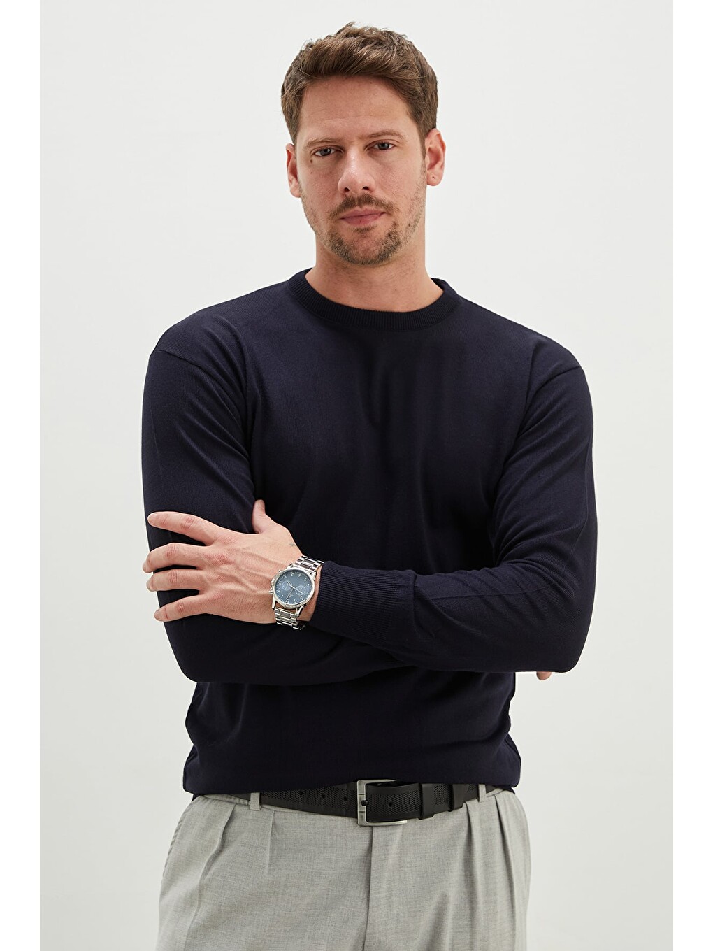 Lacivert Basic Bisiklet Yaka Regular Fit Triko Kazak-4