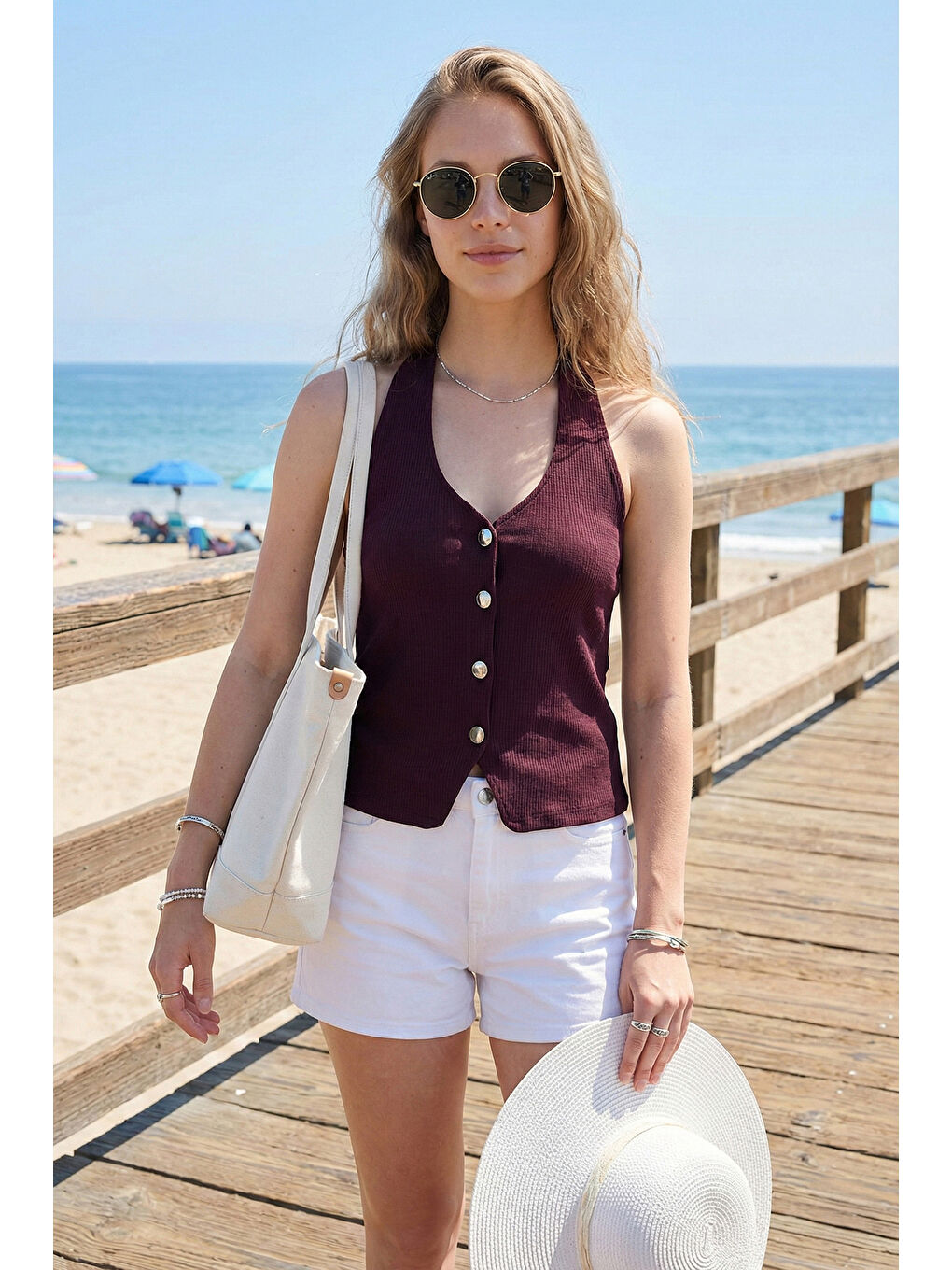 Mürdüm Fitilli Fitted Fit Halter Yaka Sırt Dekolteli Kadın Yelek 5866515