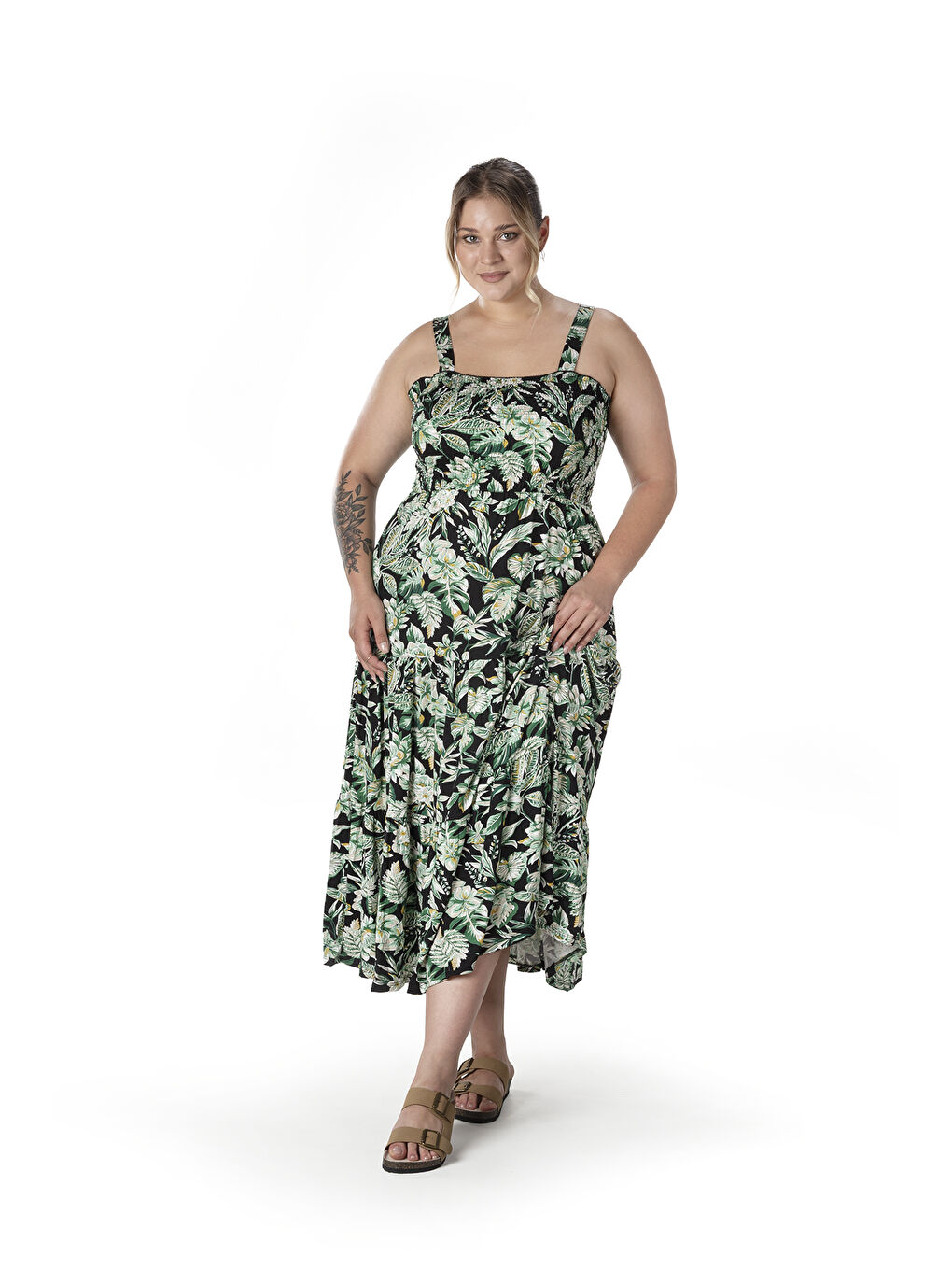 Yeşil Büyük Beden Çiçek Desenli Kalın Askılı Beli Lastikli Elbise T-82-6