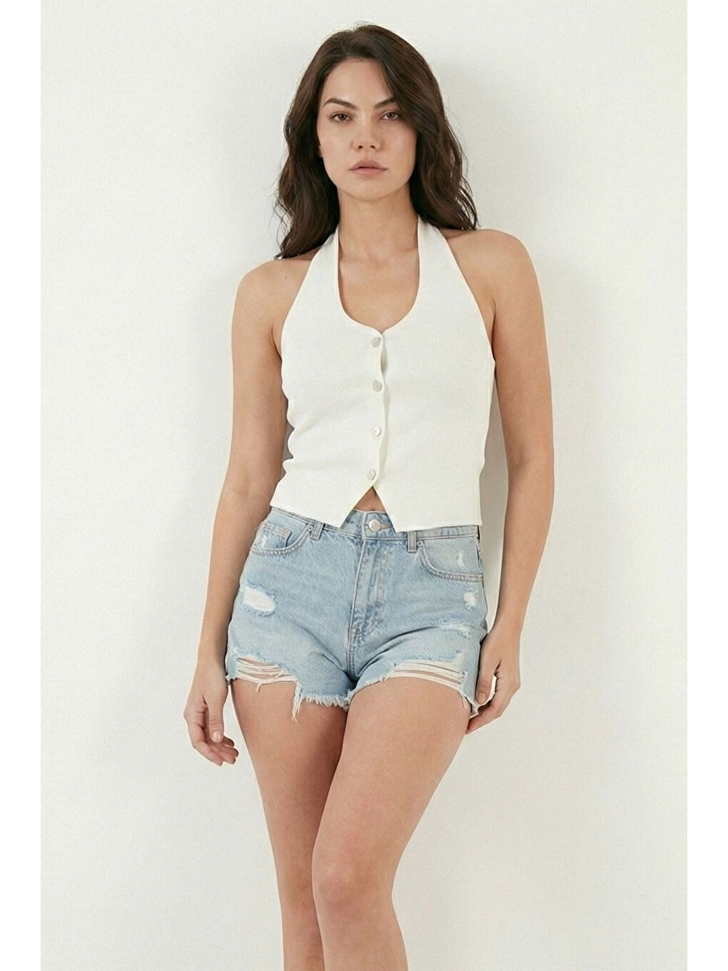 Ekru Fitilli Fitted Fit Halter Yaka Sırt Dekolteli Kadın Yelek 5866515-4