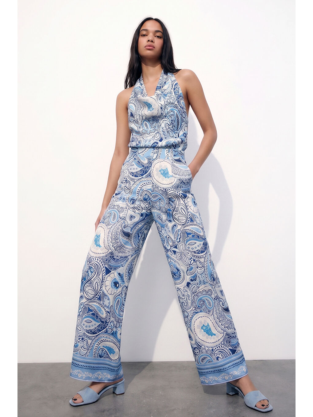 Şal Desenli Bol Paça Pantolon Mavi