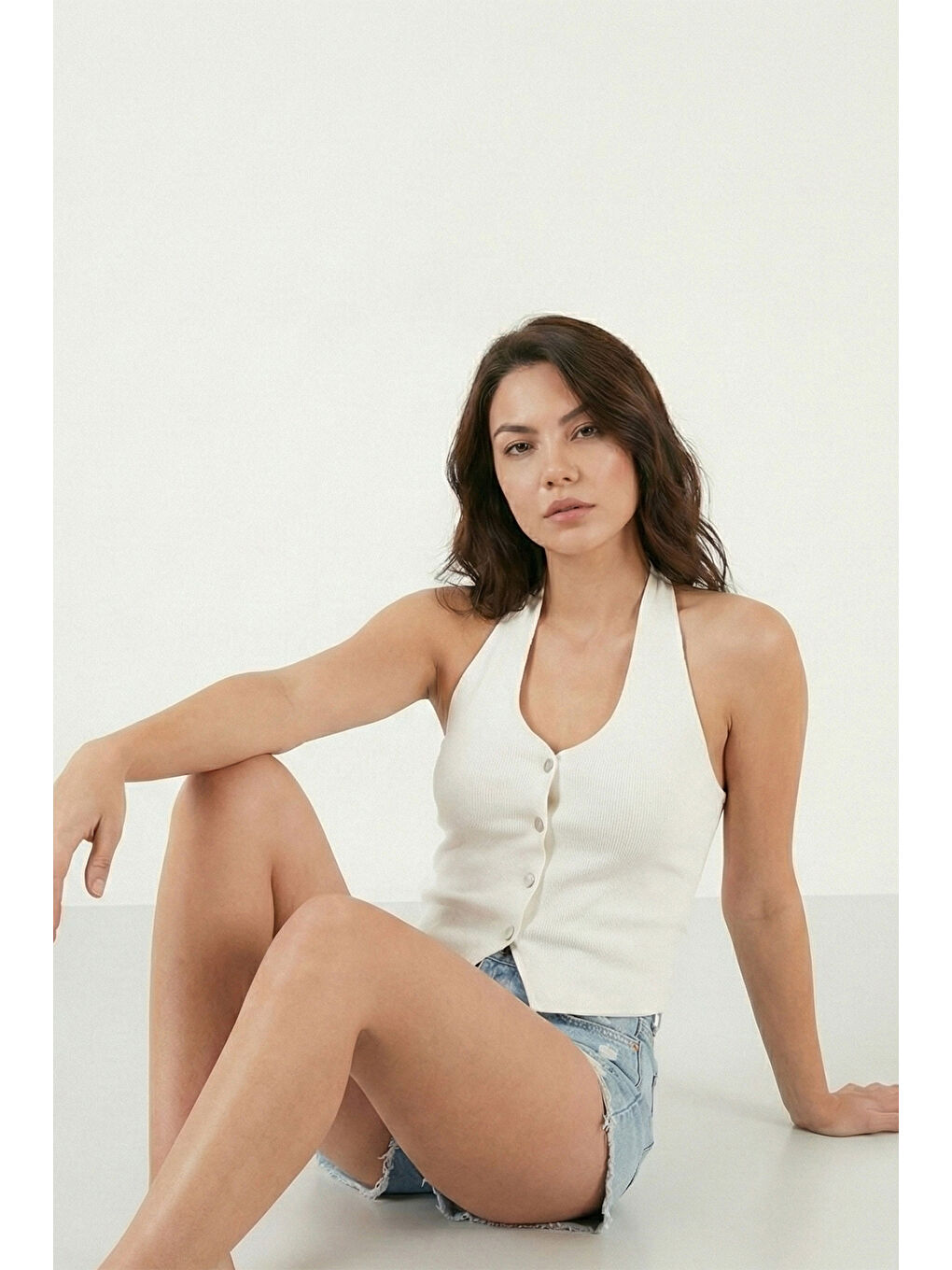 Ekru Fitilli Fitted Fit Halter Yaka Sırt Dekolteli Kadın Yelek 5866515-5