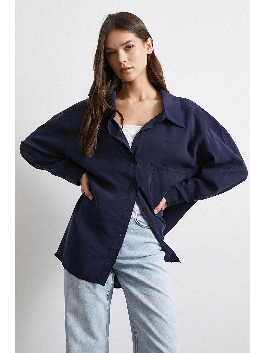 Oversize Cepli Modal Gömlek Lacivert