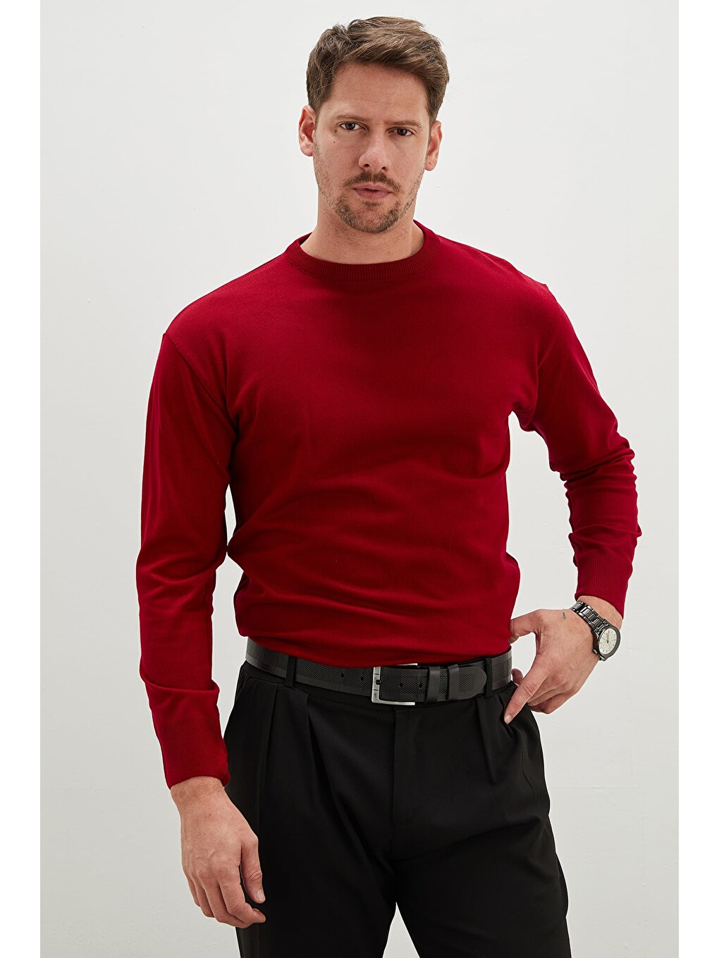 Kırmızı Basic Bisiklet Yaka Regular Fit Triko Kazak-3