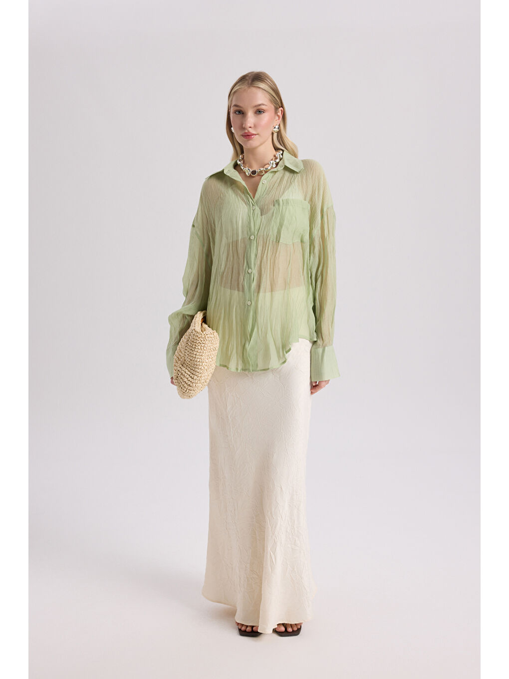 Darya Kırışık Detay Yeşil Gömlek