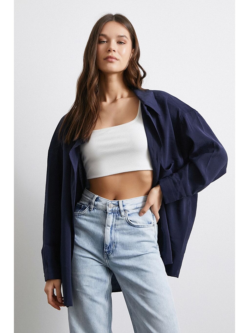 Oversize Cepli Modal Gömlek Lacivert-1