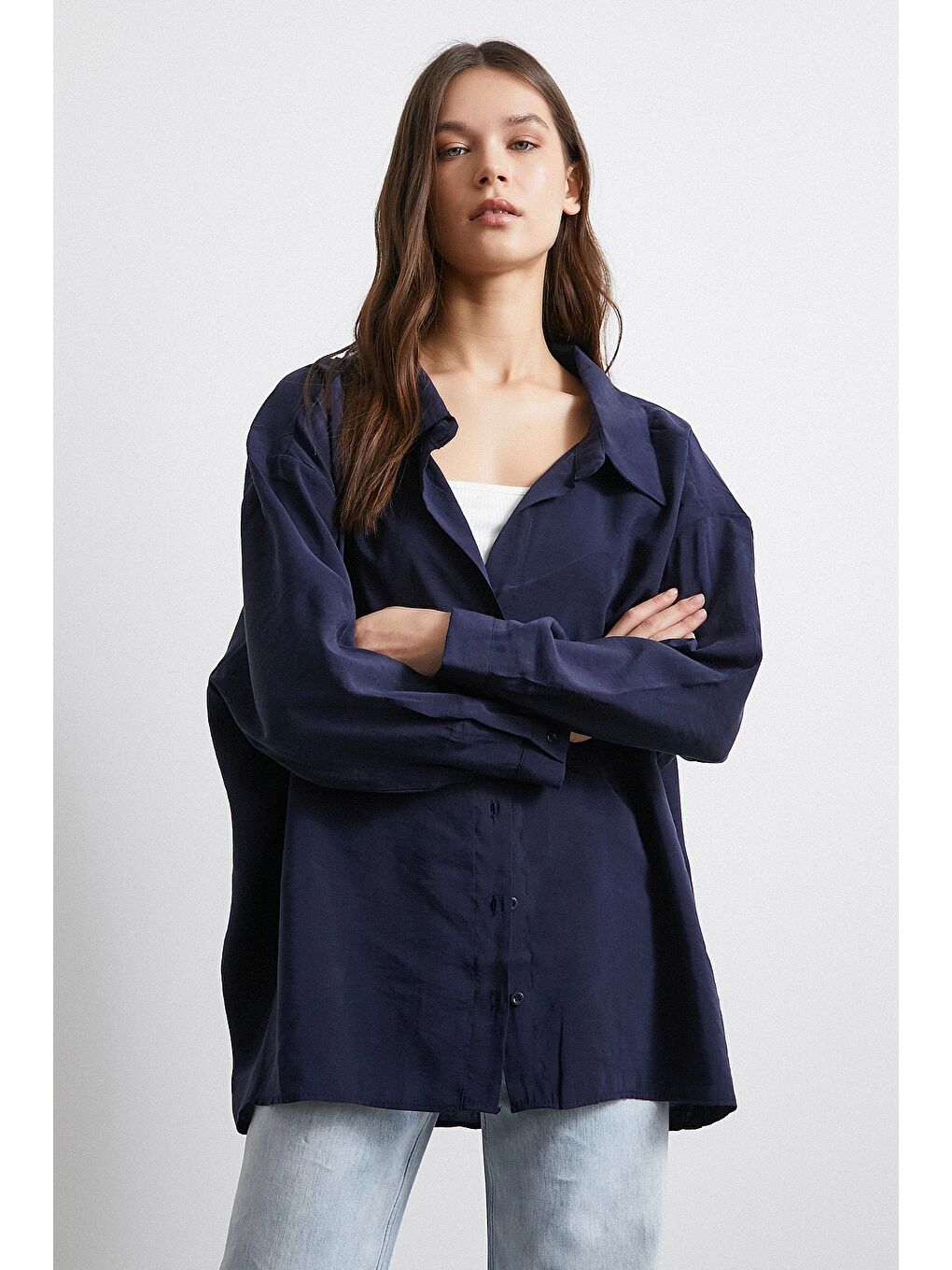 Oversize Cepli Modal Gömlek Lacivert-2