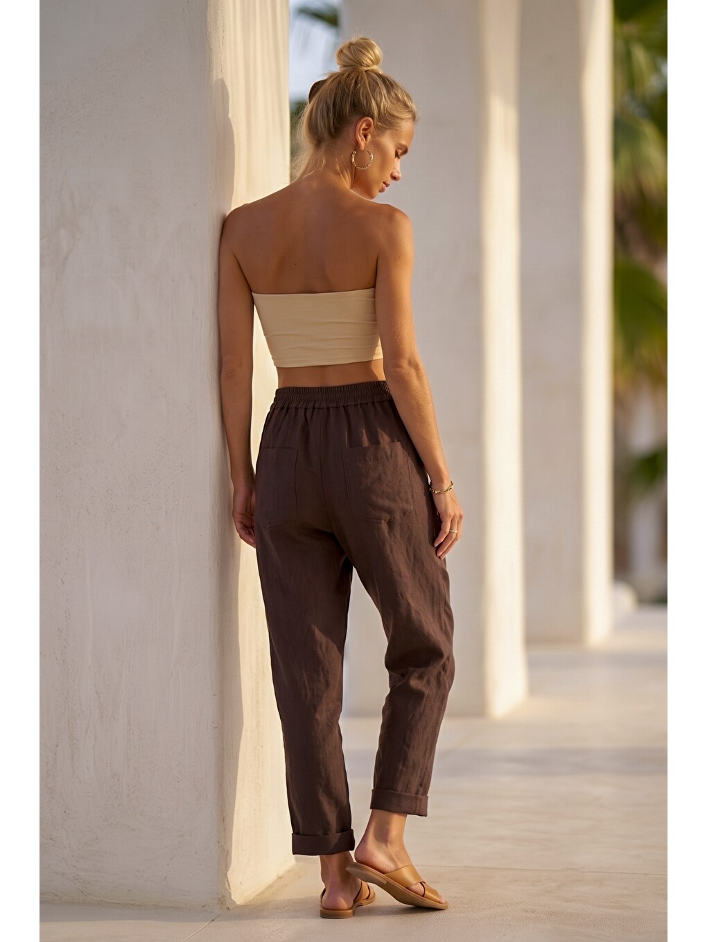 İtalyan Kahverengi Cepli Lastikli Bel Şalvar Paça Casual Gabardin Dokuma Pantolon 100 63-6