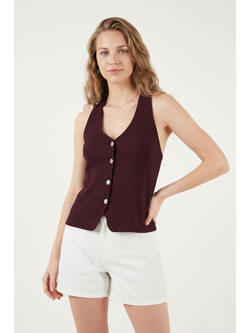 Mürdüm Fitilli Fitted Fit Halter Yaka Sırt Dekolteli Kadın Yelek 5866515-2