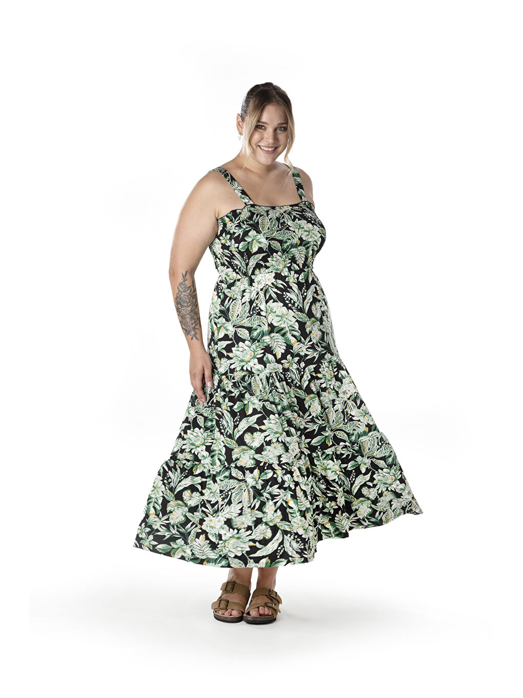 Yeşil Büyük Beden Çiçek Desenli Kalın Askılı Beli Lastikli Elbise T-82-7