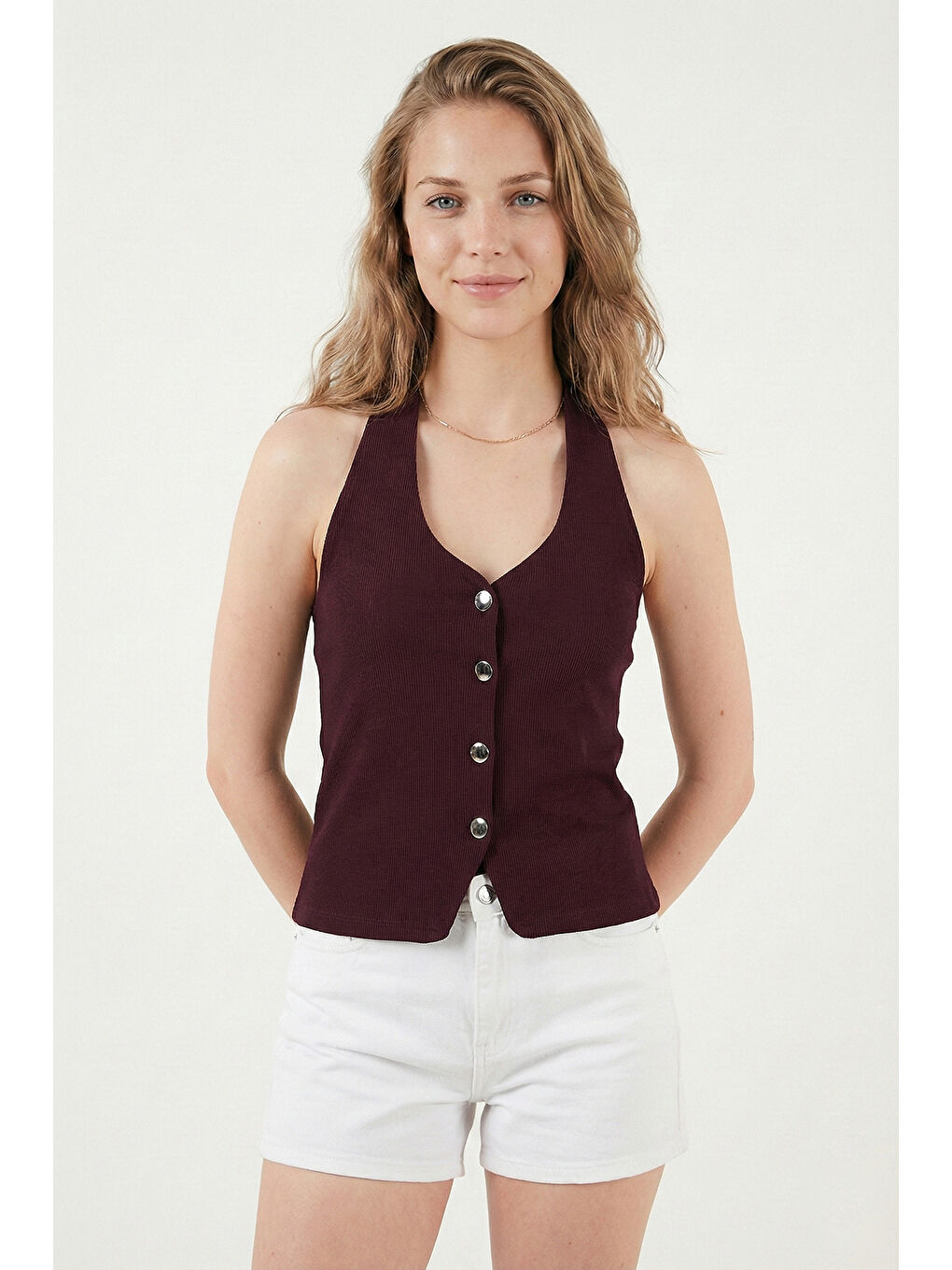 Mürdüm Fitilli Fitted Fit Halter Yaka Sırt Dekolteli Kadın Yelek 5866515-3