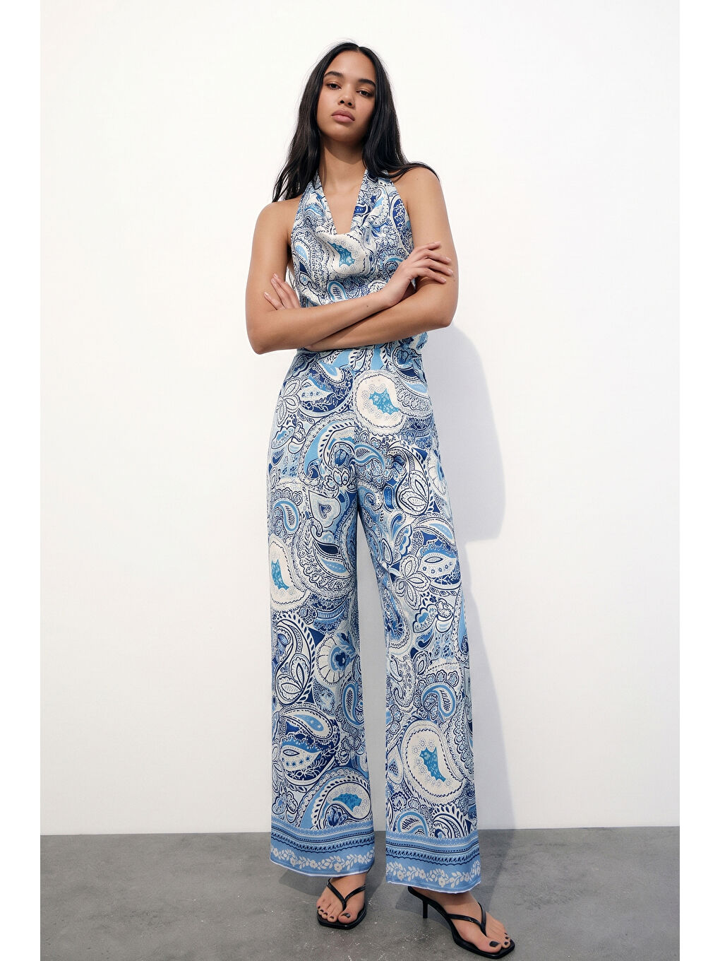 Şal Desenli Bol Paça Pantolon Mavi-1