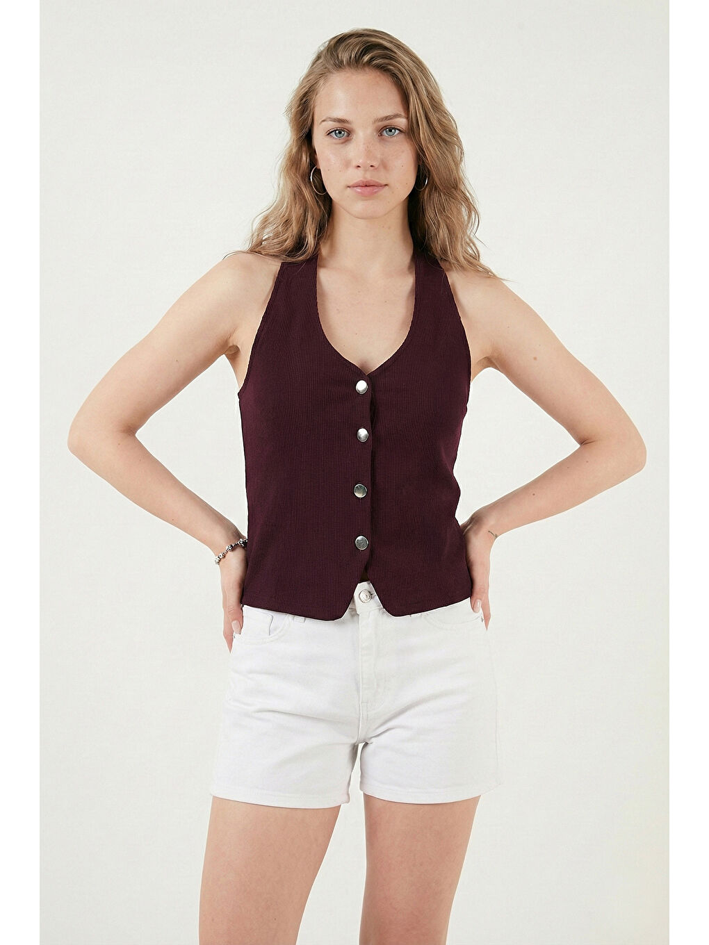 Mürdüm Fitilli Fitted Fit Halter Yaka Sırt Dekolteli Kadın Yelek 5866515-4