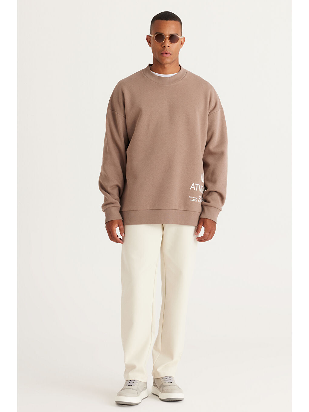 Erkek Bej Oversize Fit Bol Kesim İçi Polarlı Pamuklu Baskılı Sweatshirt-3