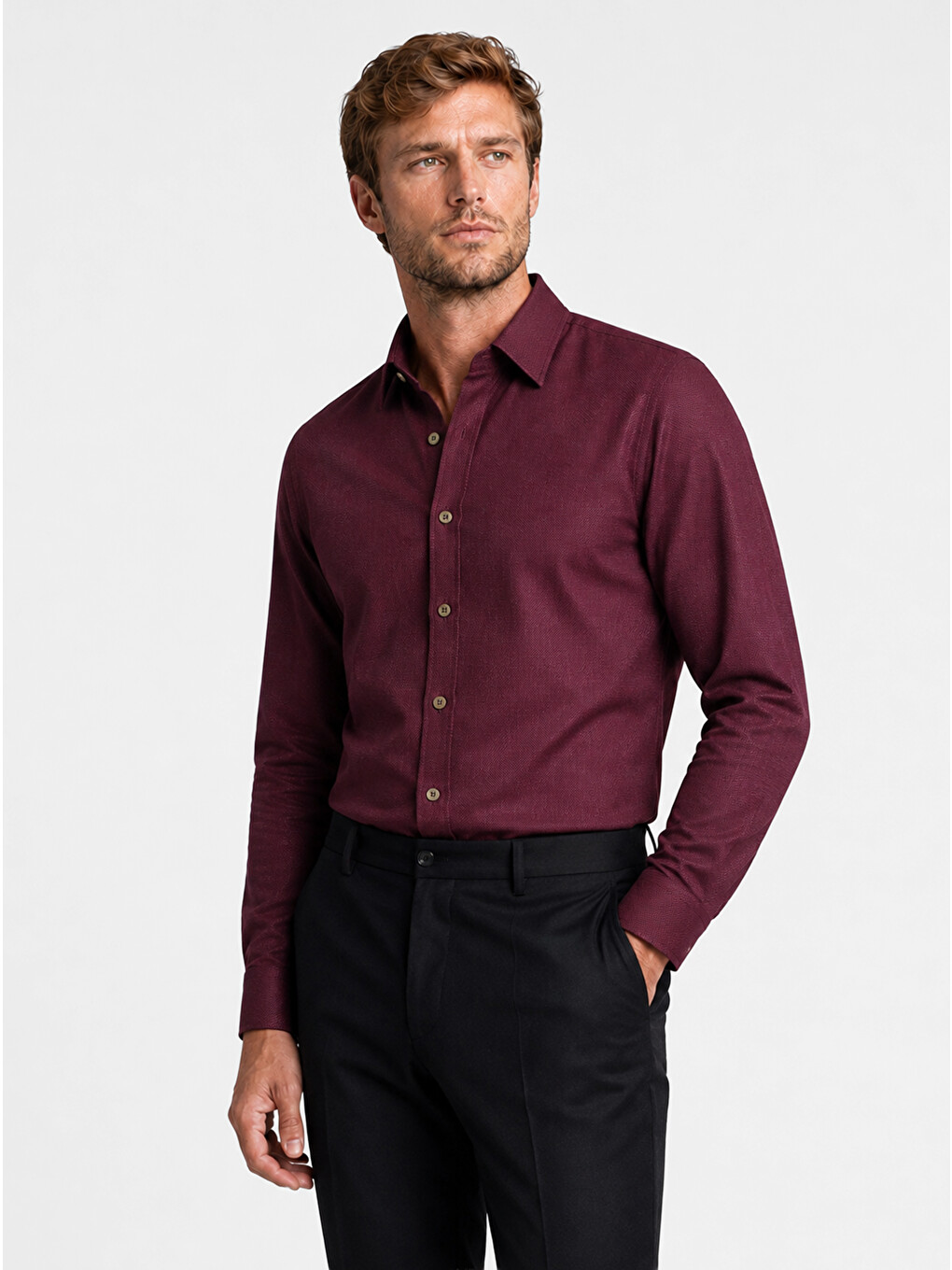Bordo Kahve Düğmeli Slimfit Erkek Gömlek-1