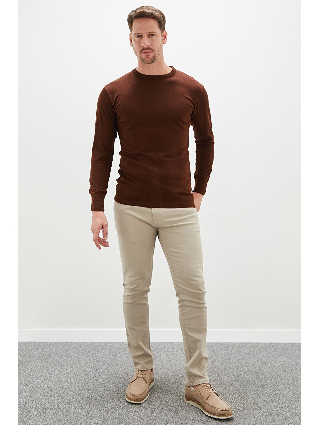 Kahverengi Basic Bisiklet Yaka Regular Fit Triko Kazak-1