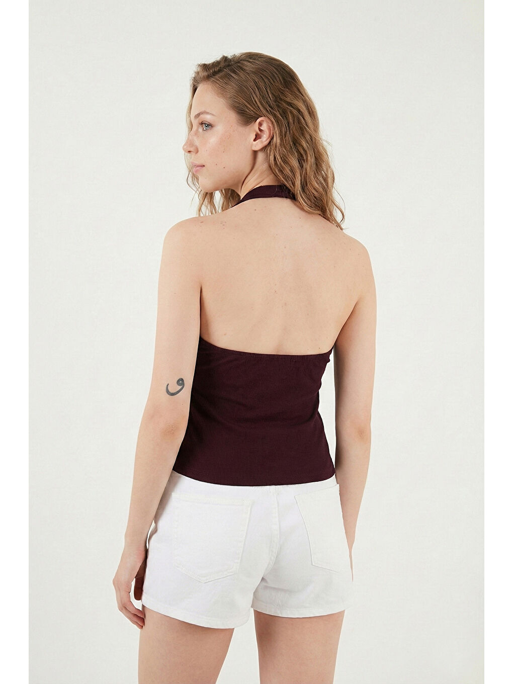 Mürdüm Fitilli Fitted Fit Halter Yaka Sırt Dekolteli Kadın Yelek 5866515-5