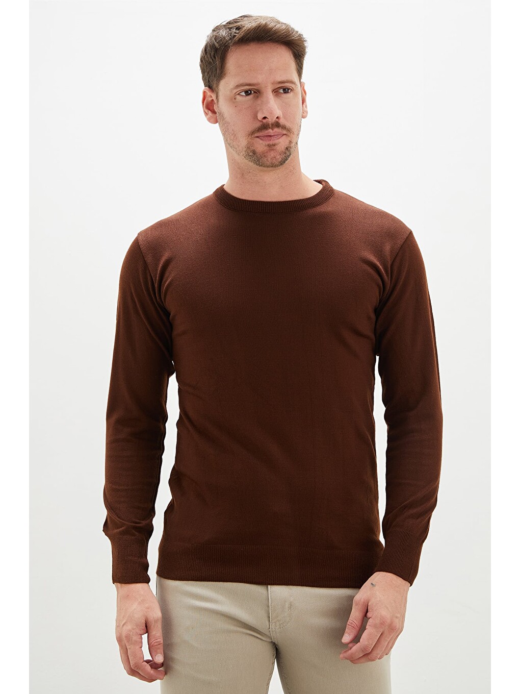 Kahverengi Basic Bisiklet Yaka Regular Fit Triko Kazak-3