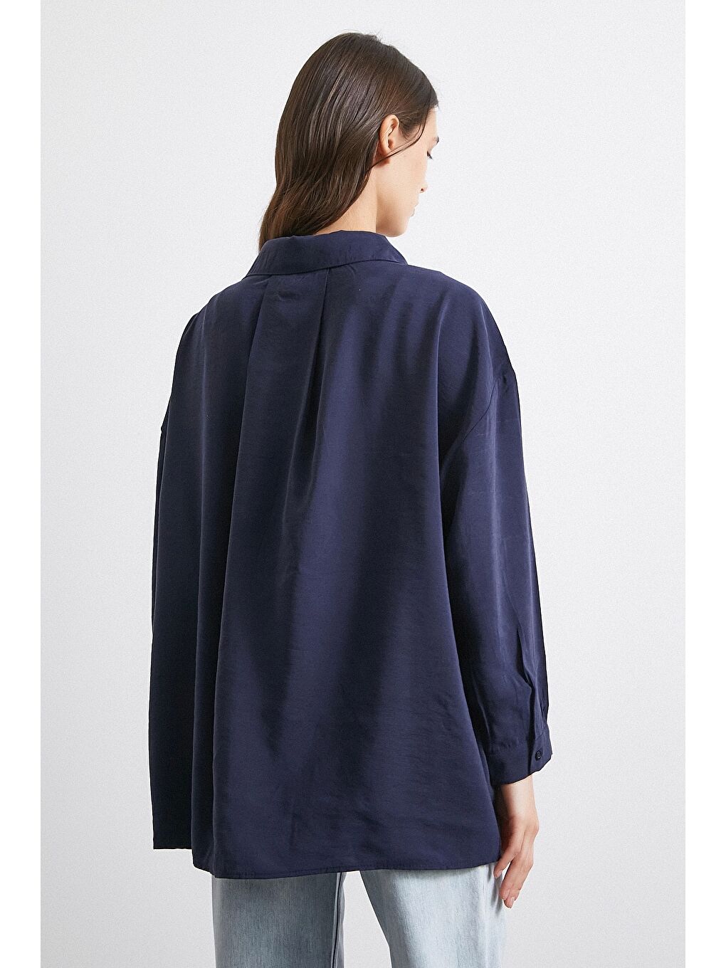 Oversize Cepli Modal Gömlek Lacivert-5