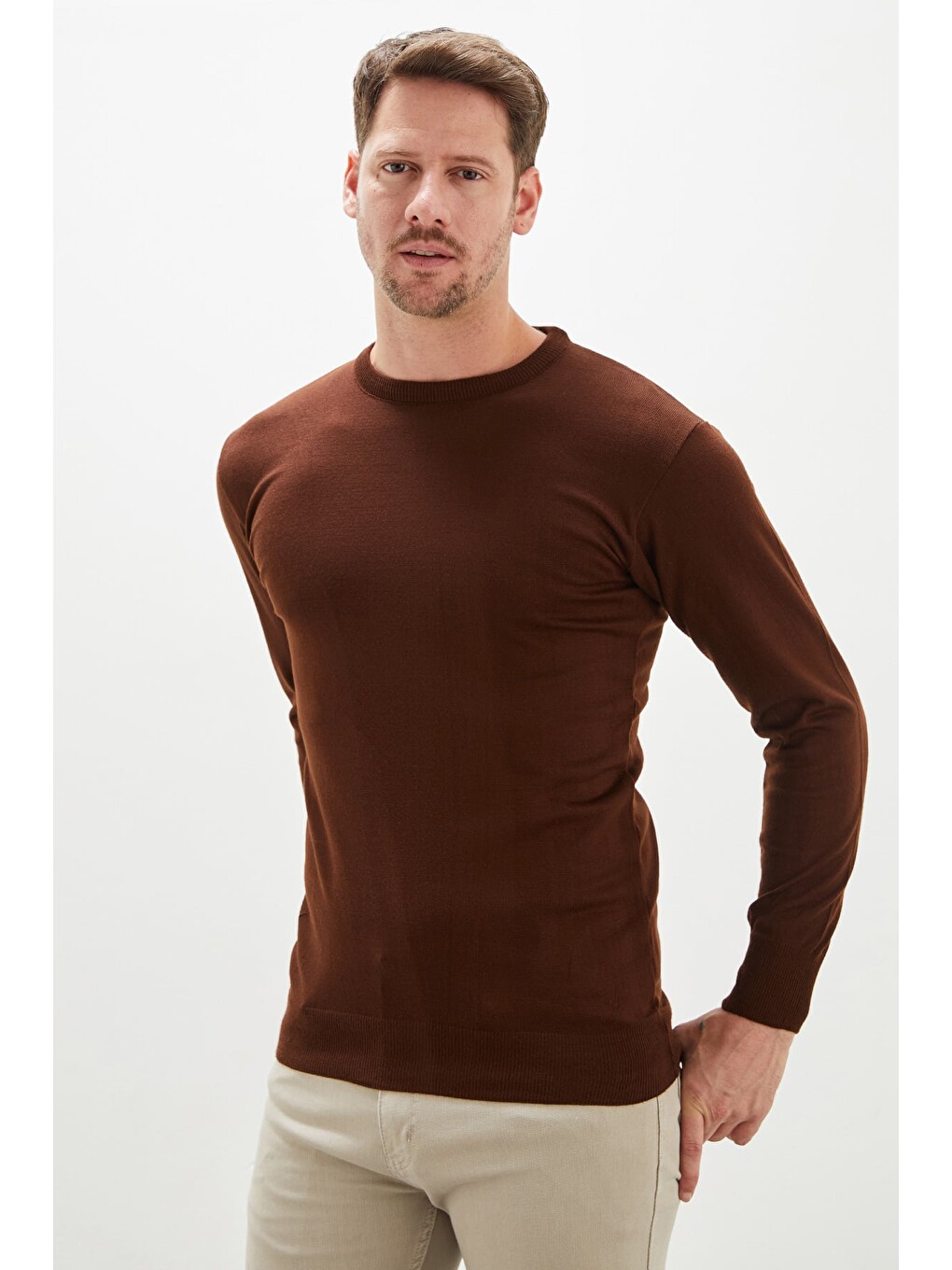 Kahverengi Basic Bisiklet Yaka Regular Fit Triko Kazak-4