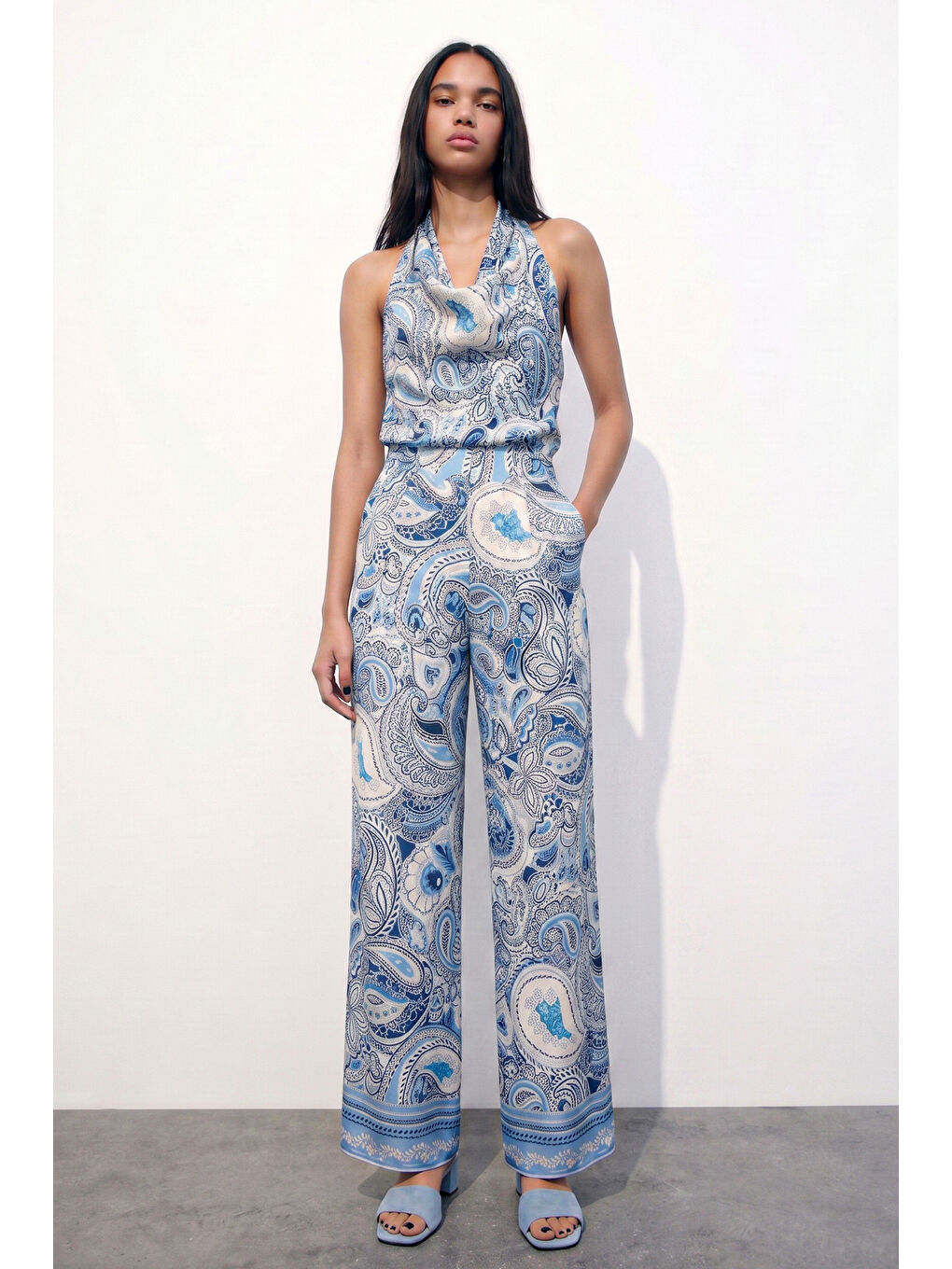 Şal Desenli Bol Paça Pantolon Mavi-2