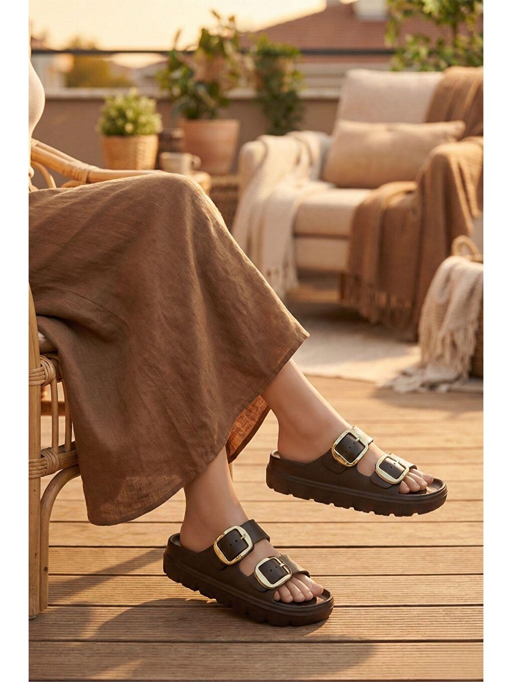 Kahverengi Lovi Z022 Gold Toka Detaylı Platform Tabanlı Anatomik Kadın Terlik-2