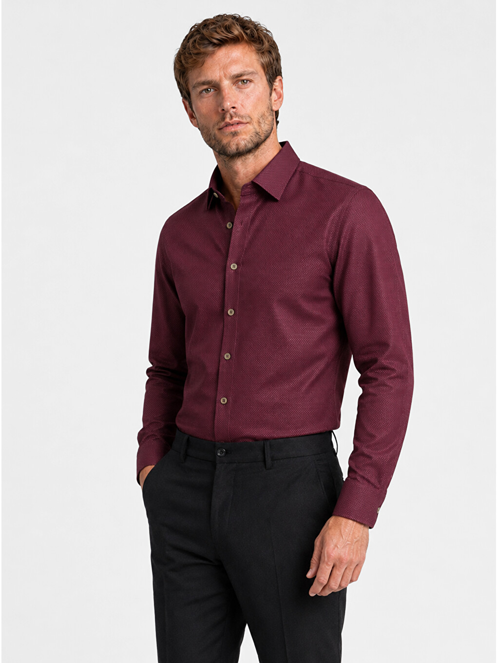 Bordo Kahve Düğmeli Slimfit Erkek Gömlek-2