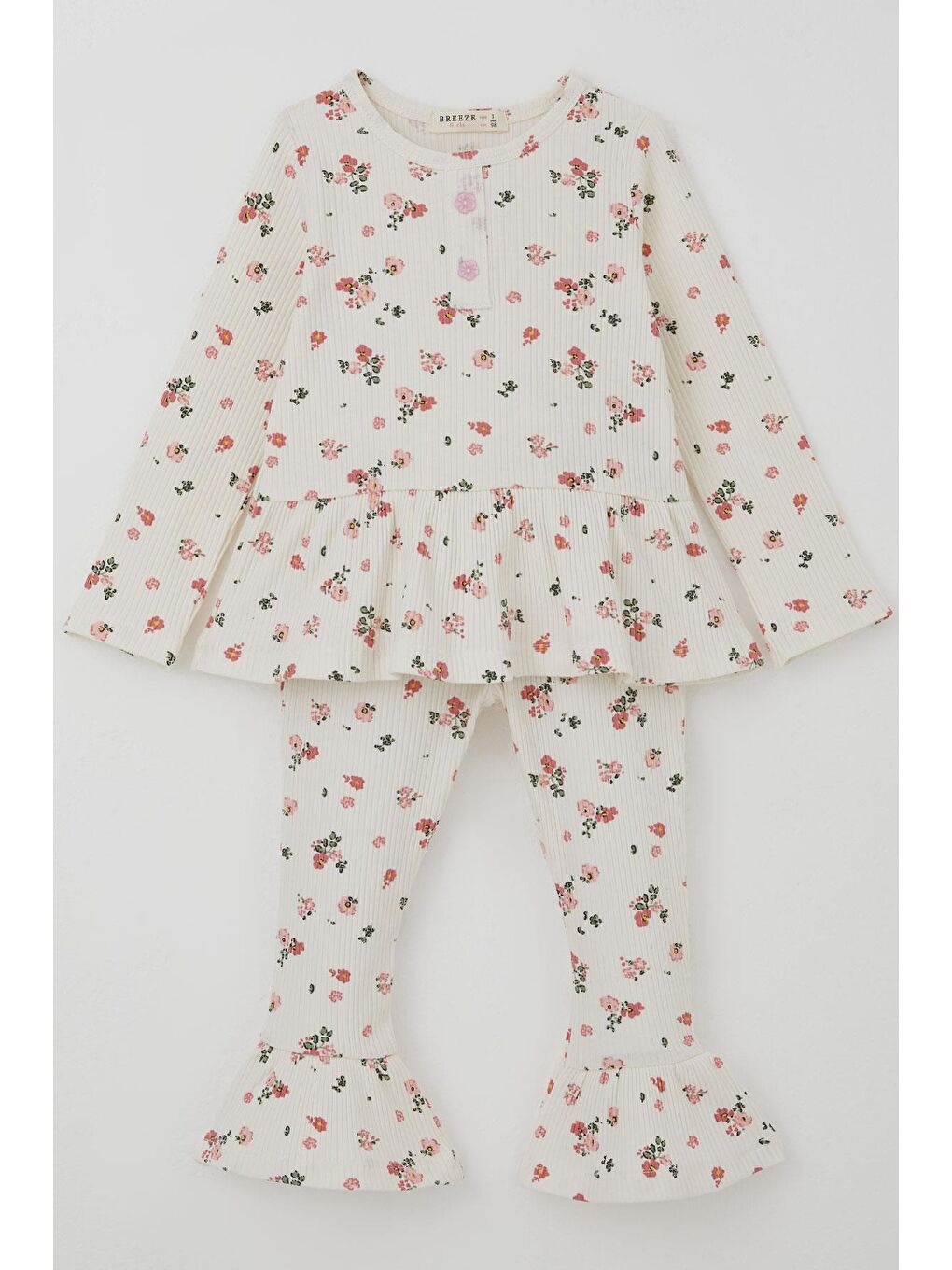 Kız Çocuk Taytlı Takım Çiçek Desenli Paça Kısmı Fırfır Detaylı Ekru (3-7 Yaş)