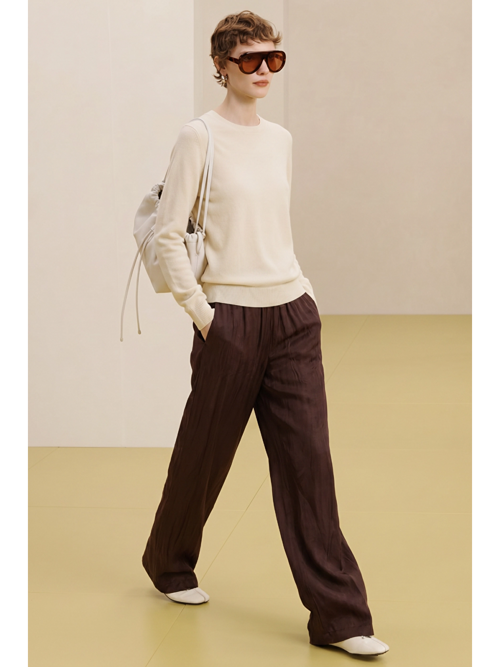 Kahverengi ALESTA | Yüksek Bel Dökümlü Pantolon Çikolata Kahve-1