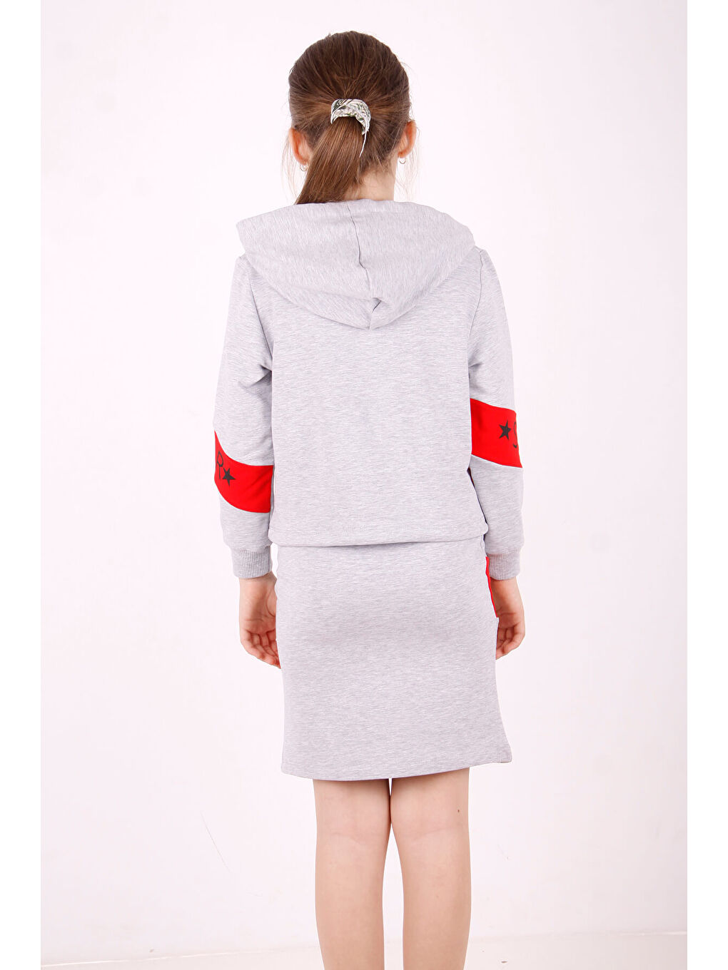Gri Kız Çocuk Star Baskılı Kapüşonlu Etekli Takım-4