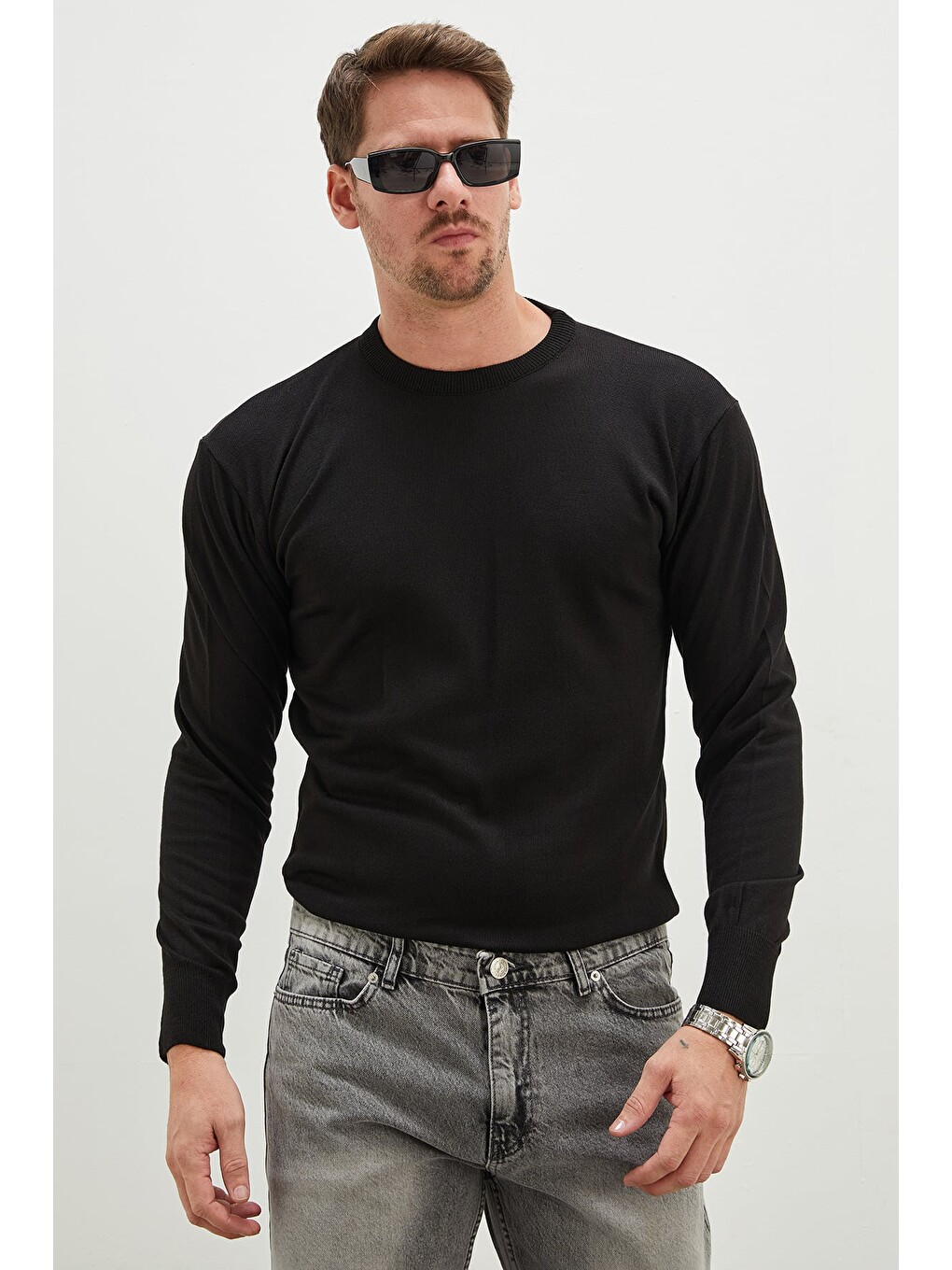 Siyah Basic Bisiklet Yaka Regular Fit Triko Kazak-1