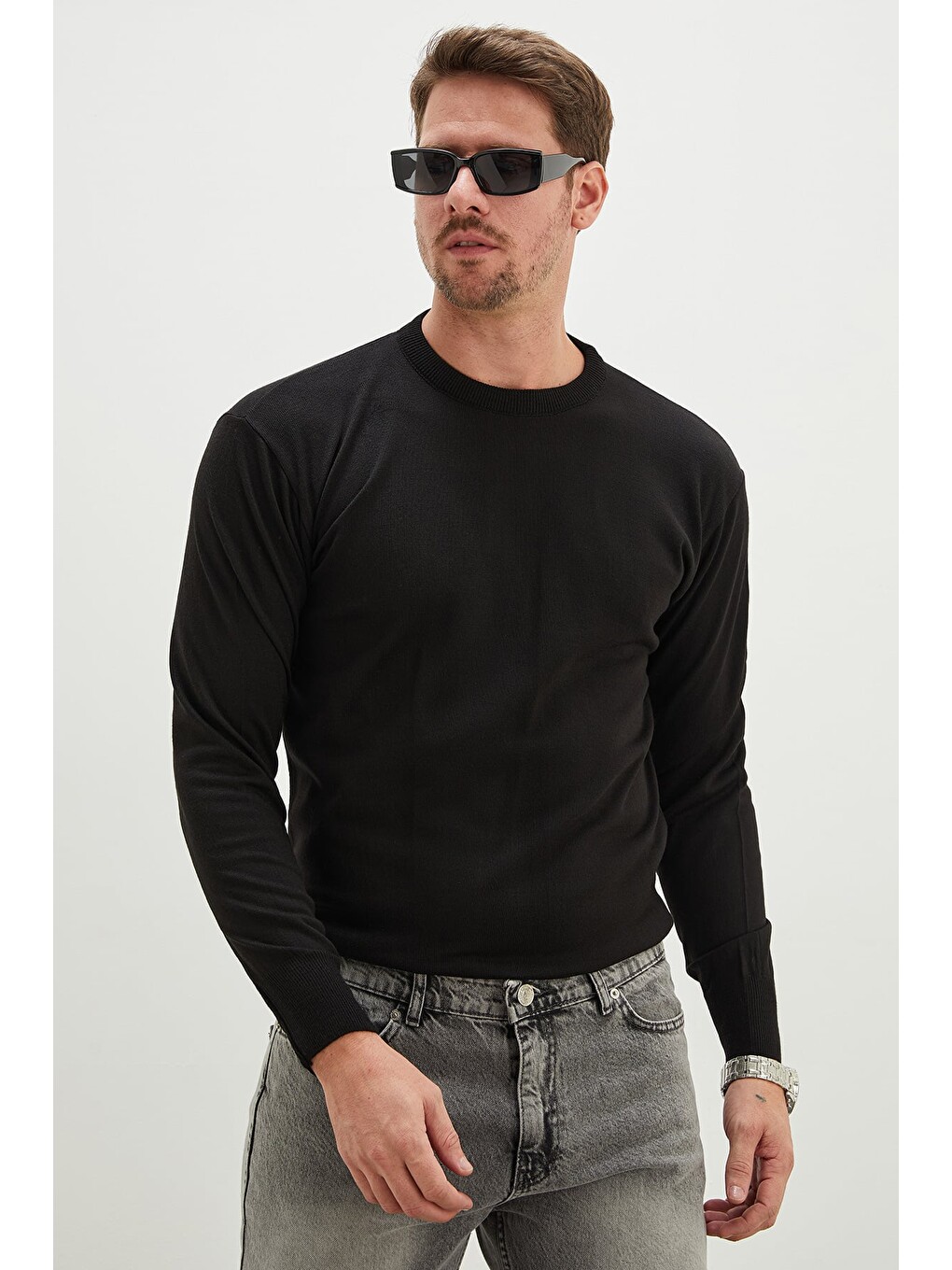 Siyah Basic Bisiklet Yaka Regular Fit Triko Kazak-2