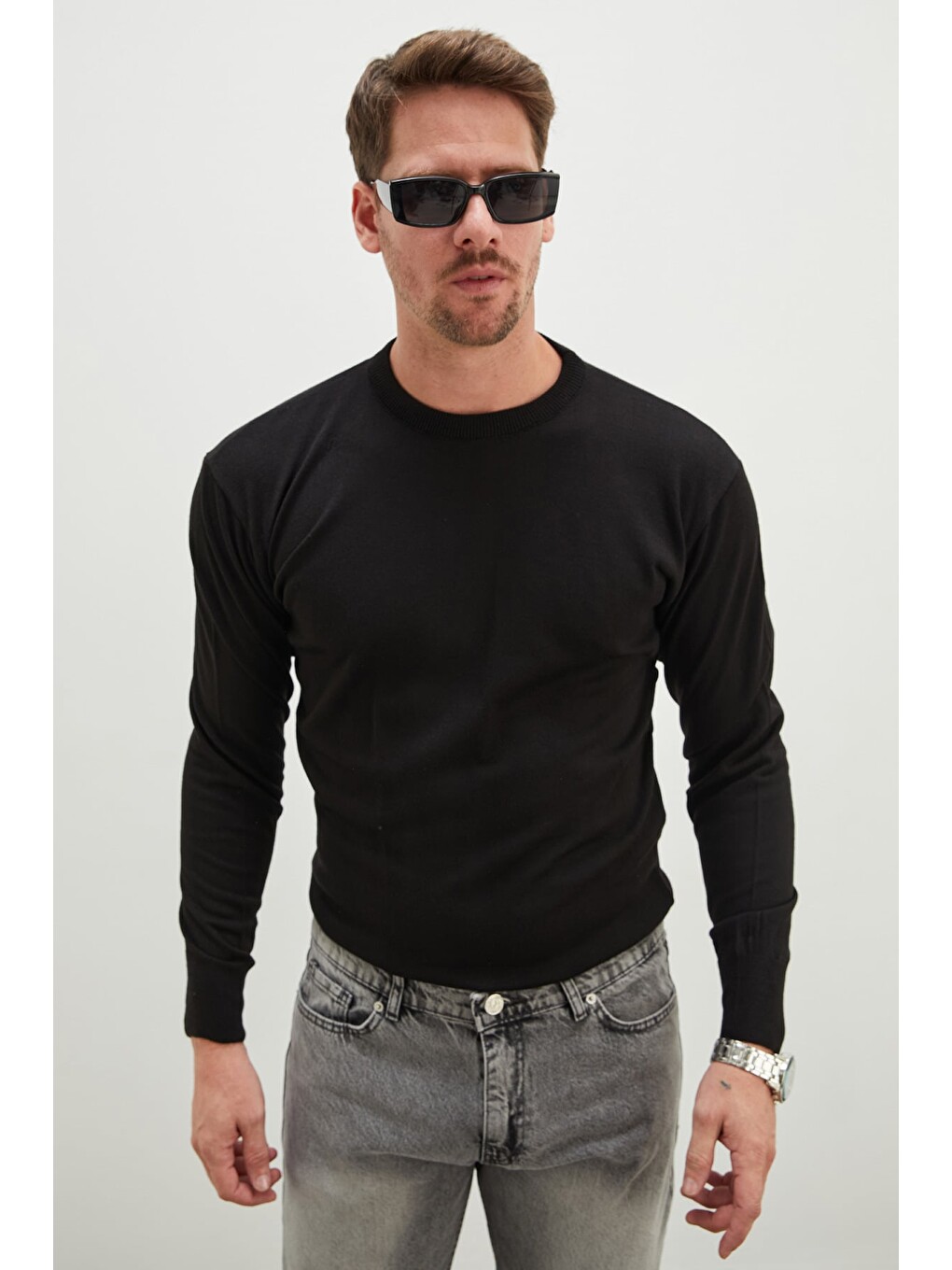 Siyah Basic Bisiklet Yaka Regular Fit Triko Kazak-4
