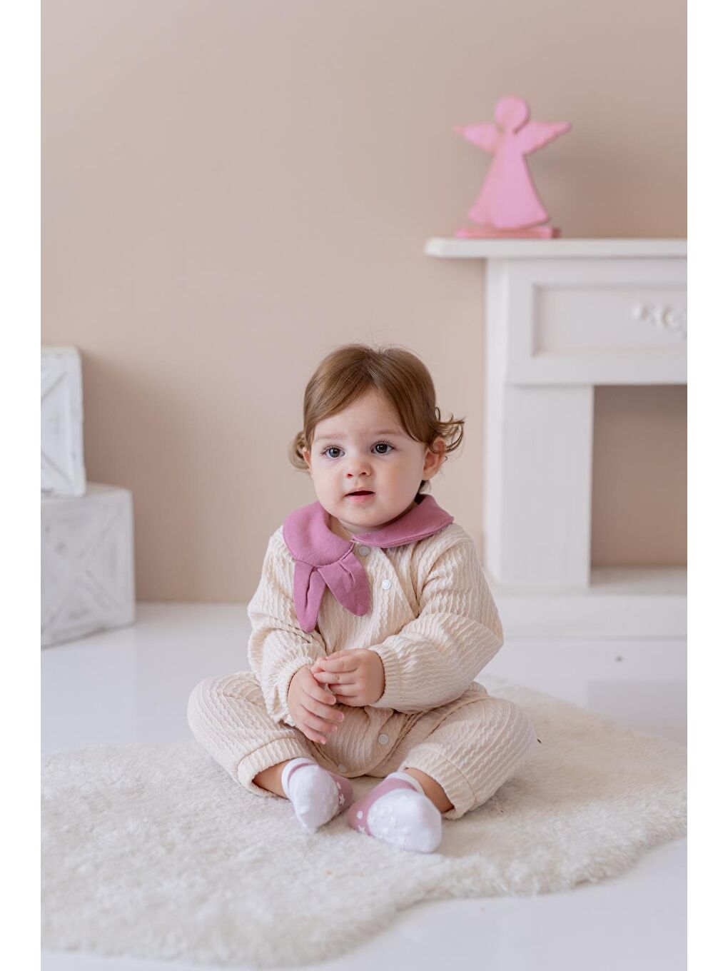 Kız Bebek Bebe Yaka Örme Tulum - Pembe