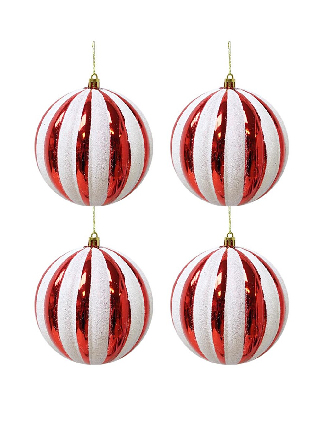 Yılbaşı Topu Dilim Desenli Dekoratif Çam Ağacı Süsü Kırmızı Beyaz 12 Cm 4'lü Set-1