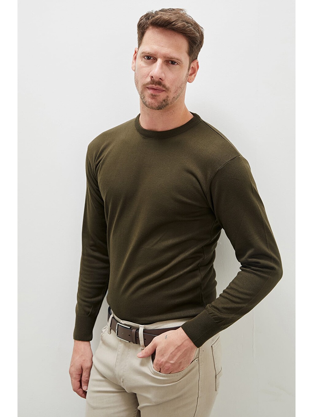 Haki Basic Bisiklet Yaka Regular Fit Triko Kazak-1