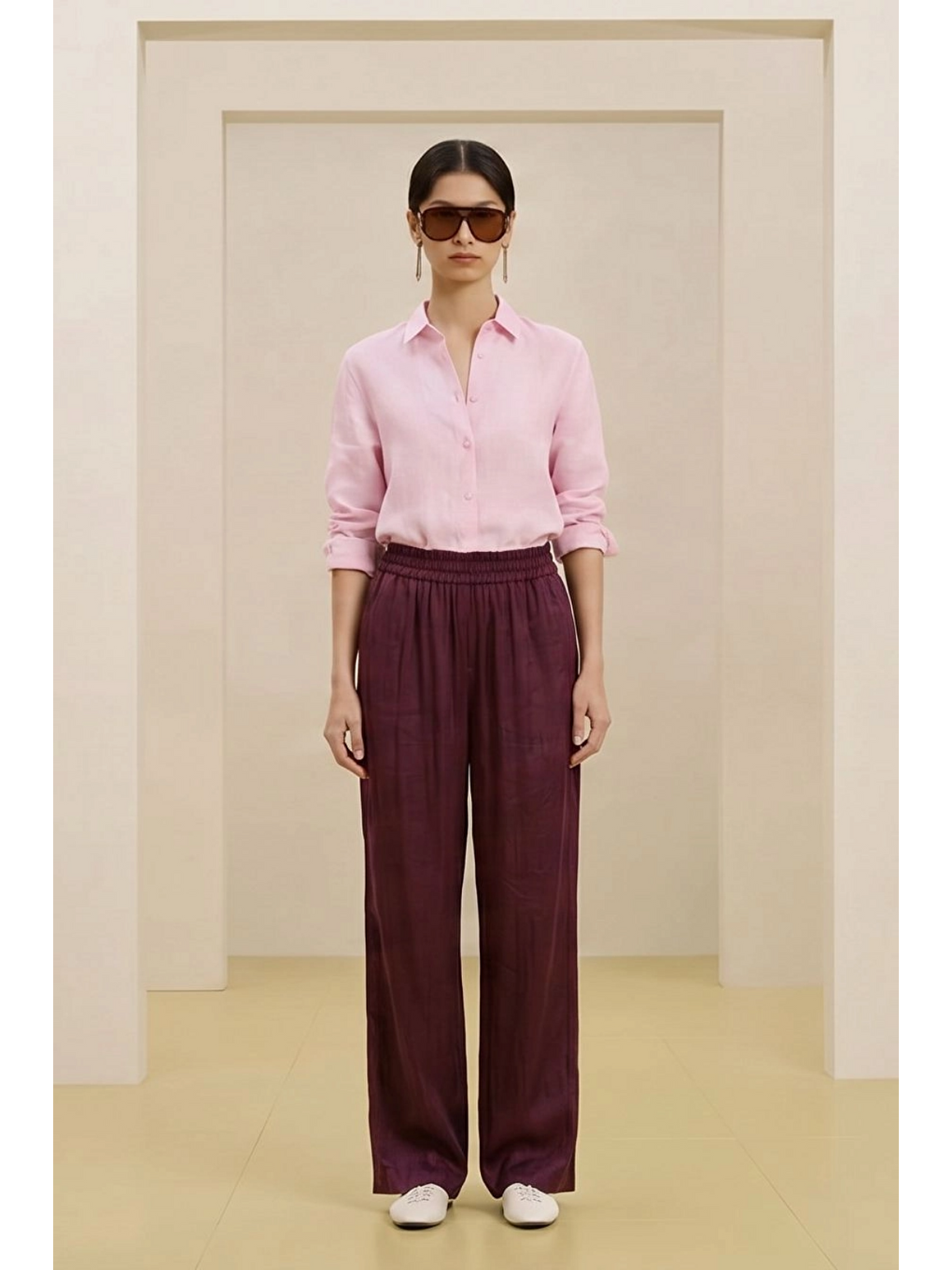 ALESTA | Yüksek Bel Dökümlü Pantolon Mürdüm-1