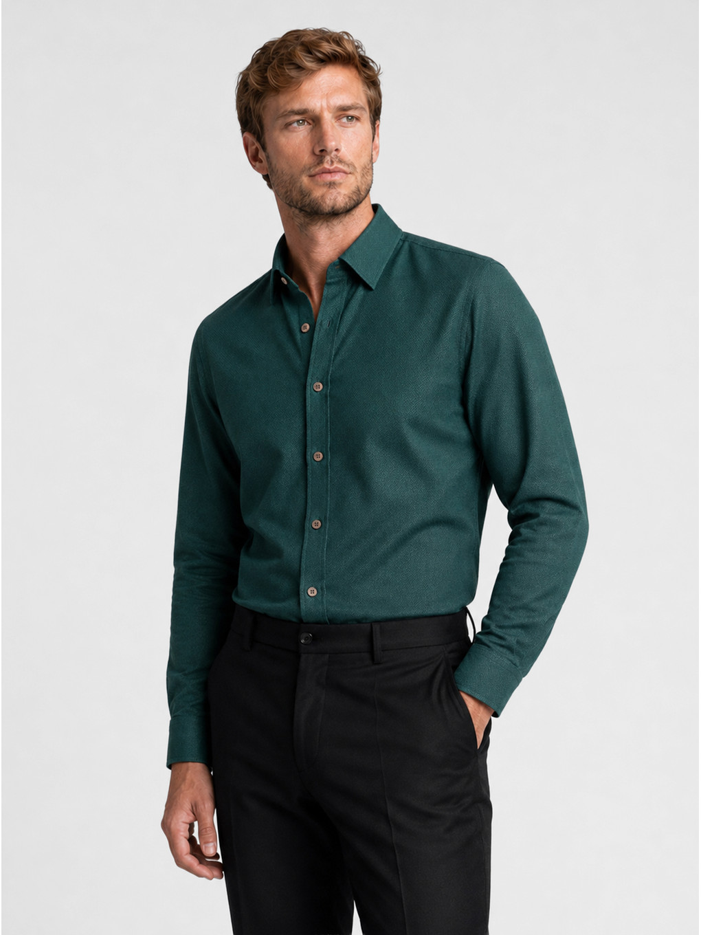 Yeşil Kahve Düğmeli Slimfit Erkek Gömlek-1