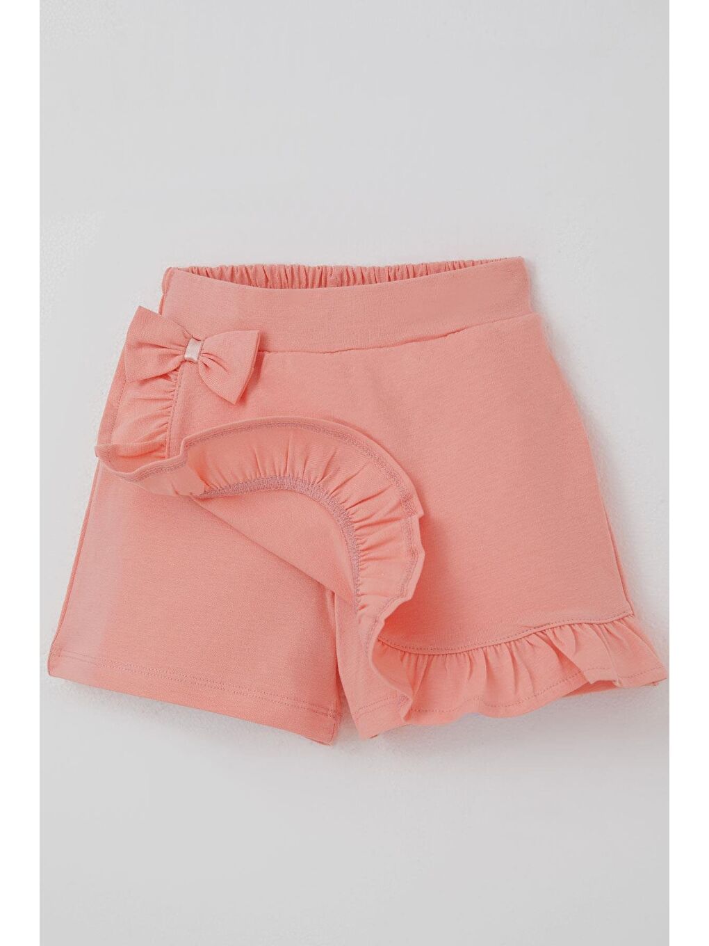 Pembe Kız Çocuk Şort Etek Fiyonk Aksesuarlı Fırfırlı Somon (3-8 Yaş)-2