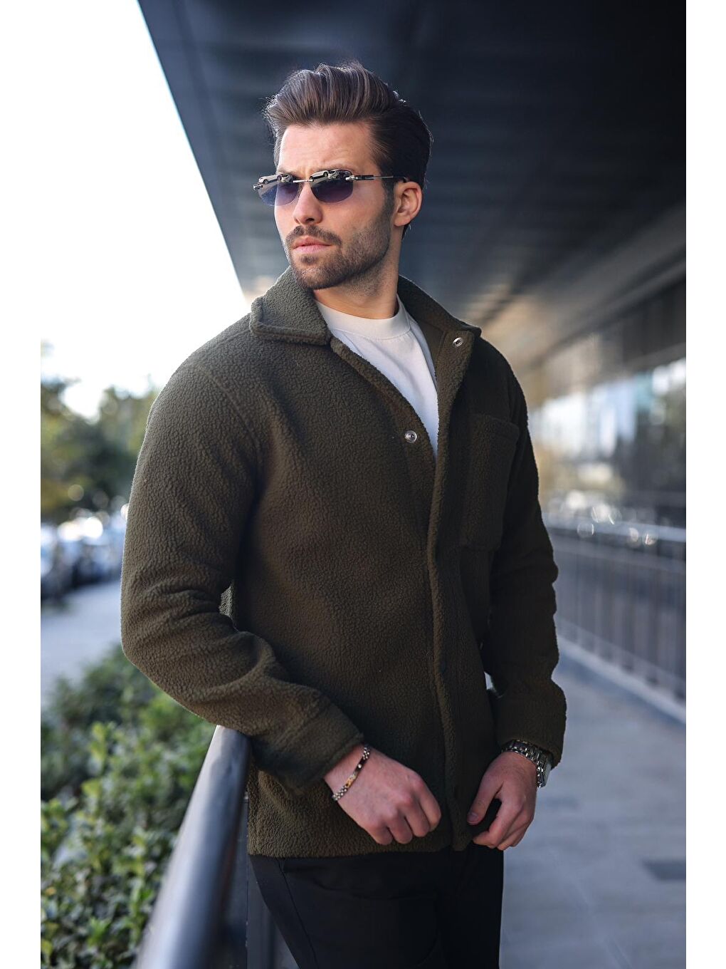 Haki Çıt Kapamalı Yandan Cepli Erkek Gömlek Ceket E6769-1