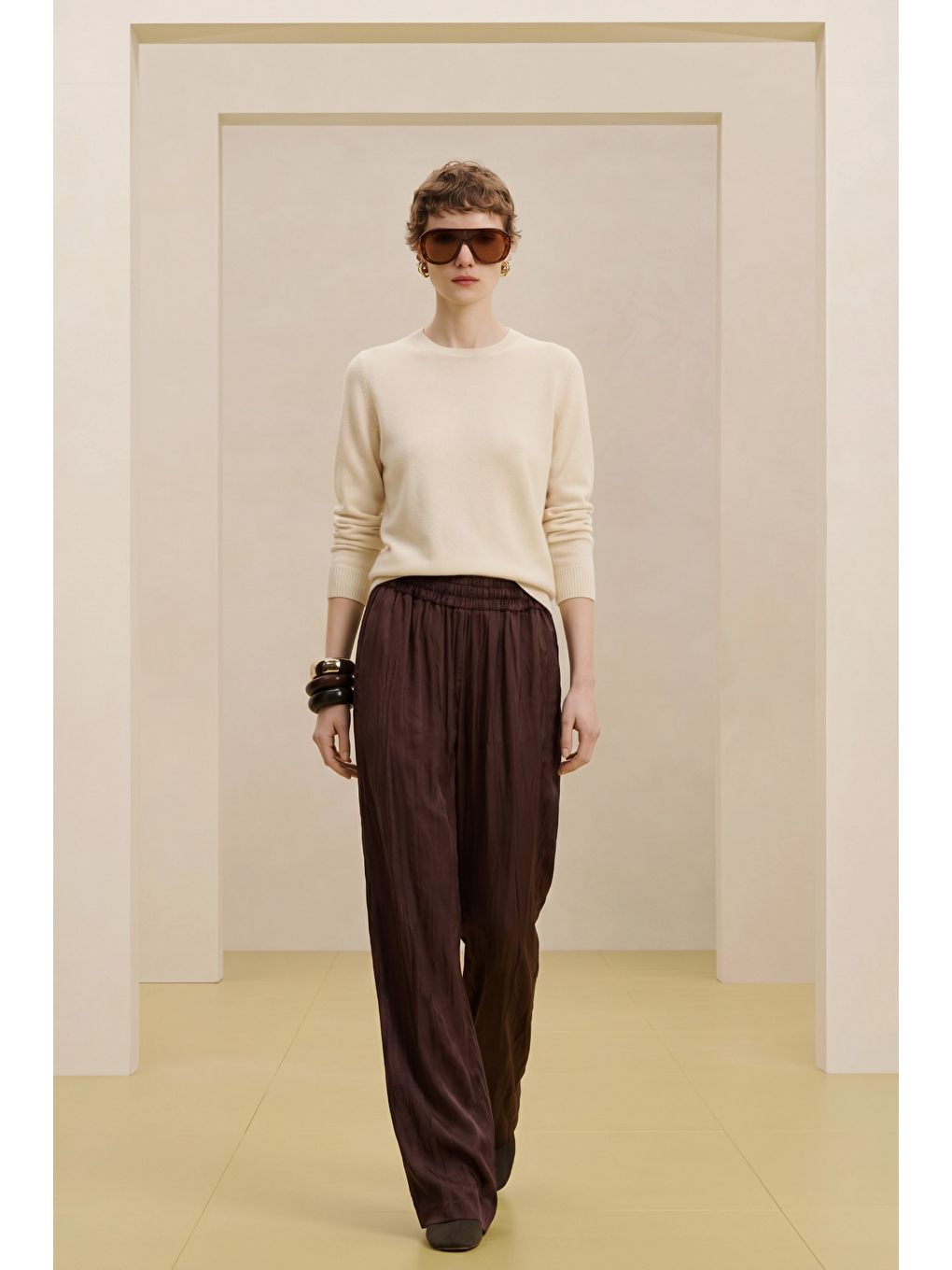 Kahverengi ALESTA | Yüksek Bel Dökümlü Pantolon Çikolata Kahve-3