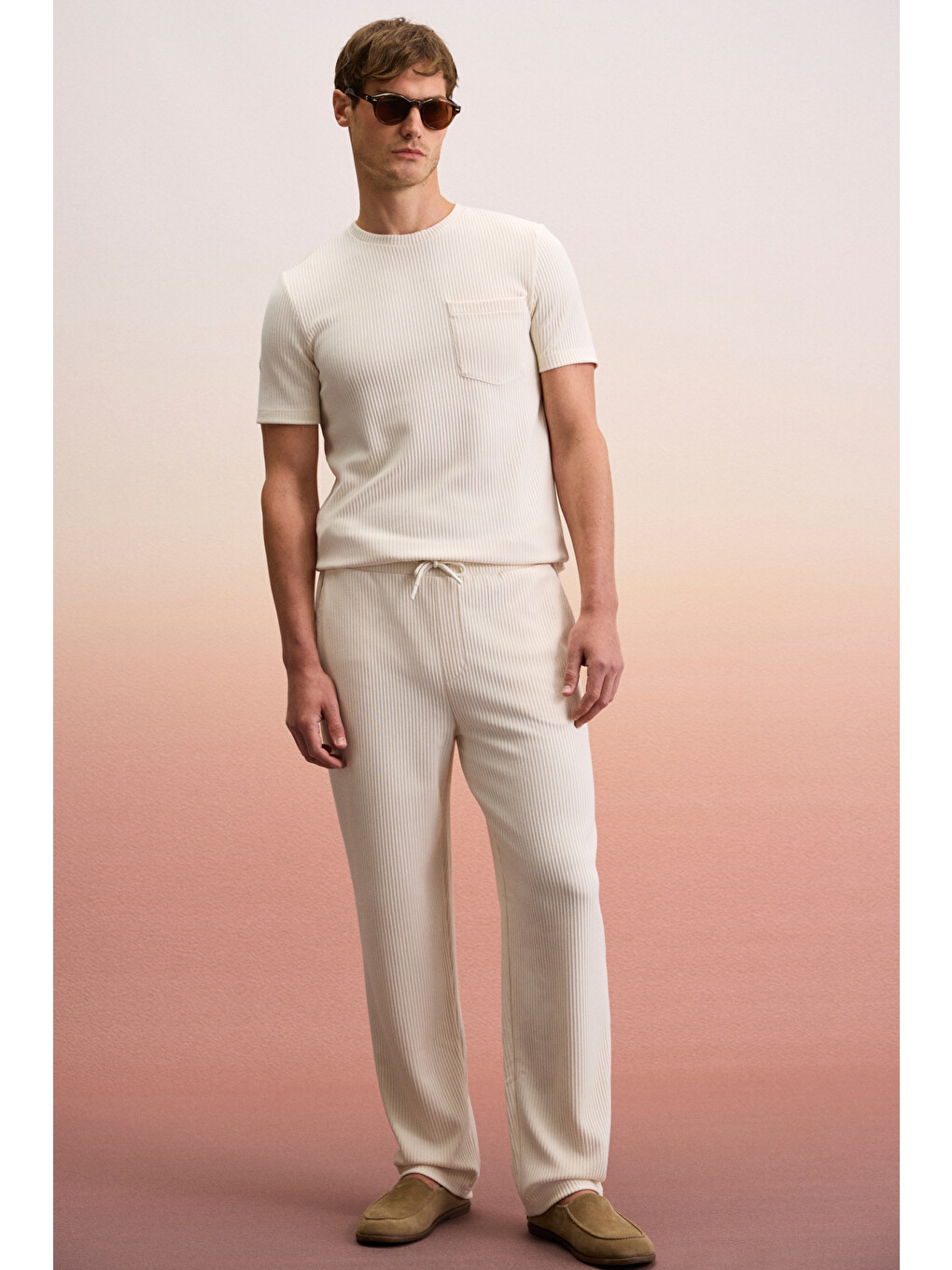 Ekru ERNO Erkek Beli Lastikli Yanları Cepli Relaxed KREM Pantolon-3