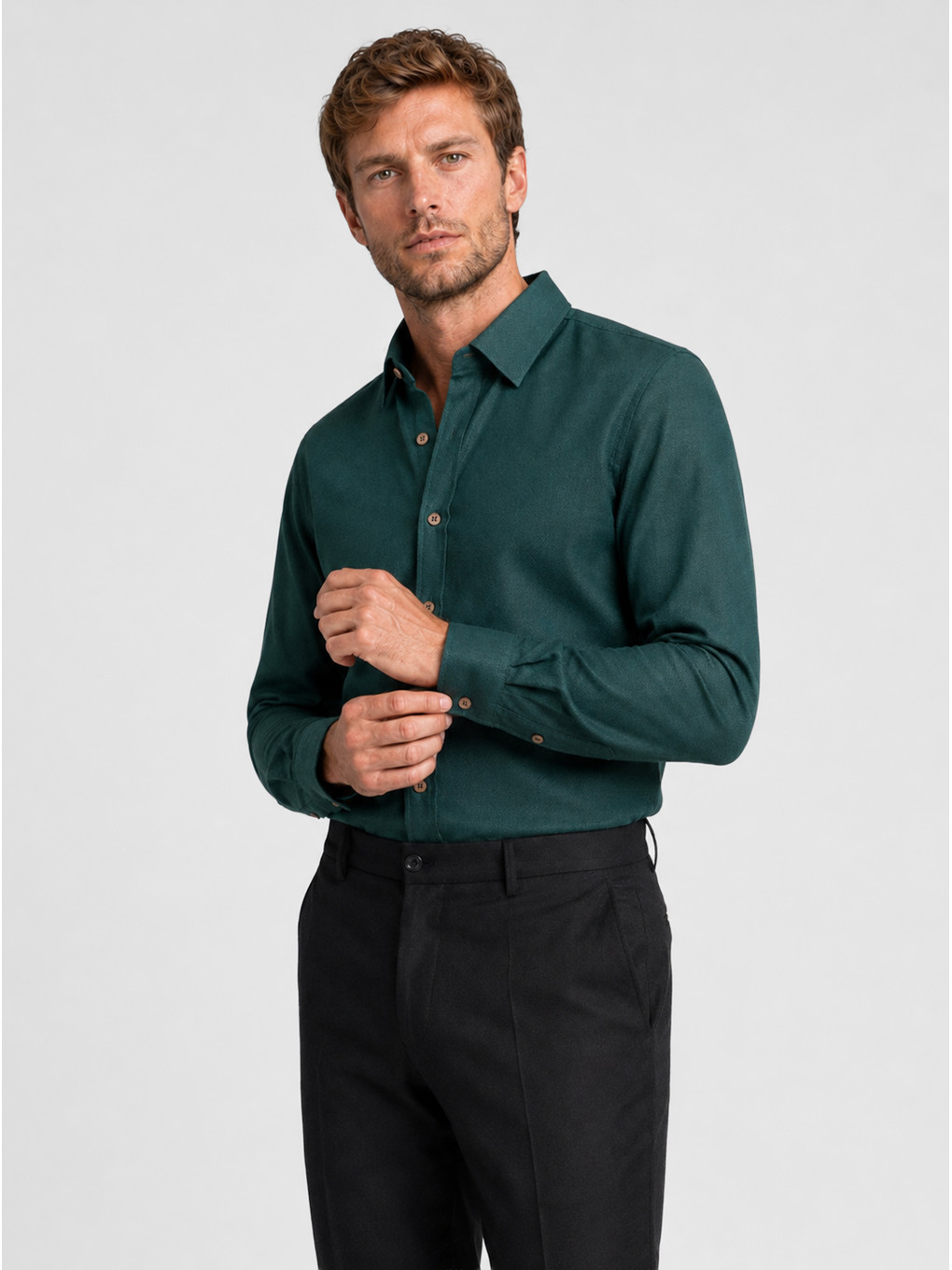 Yeşil Kahve Düğmeli Slimfit Erkek Gömlek-2
