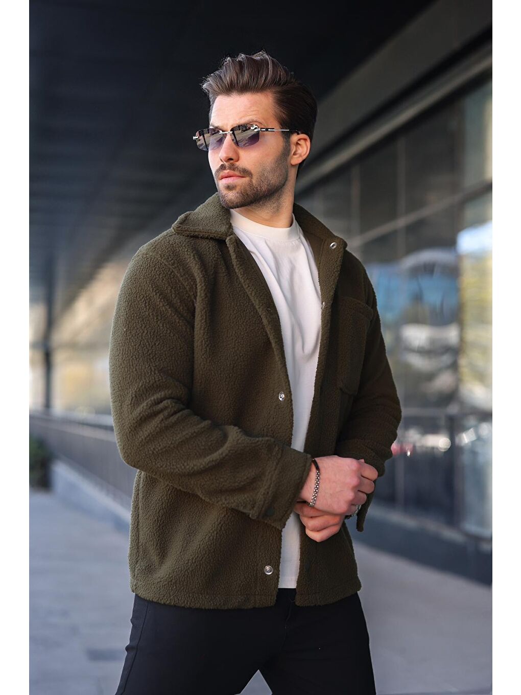 Haki Çıt Kapamalı Yandan Cepli Erkek Gömlek Ceket E6769-3