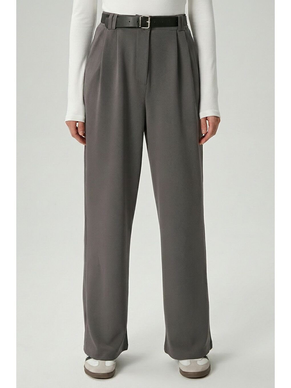 Antrasit Kadın Yüksek Bel Elastanlı Palazzo Pantolon - Kemerli-3