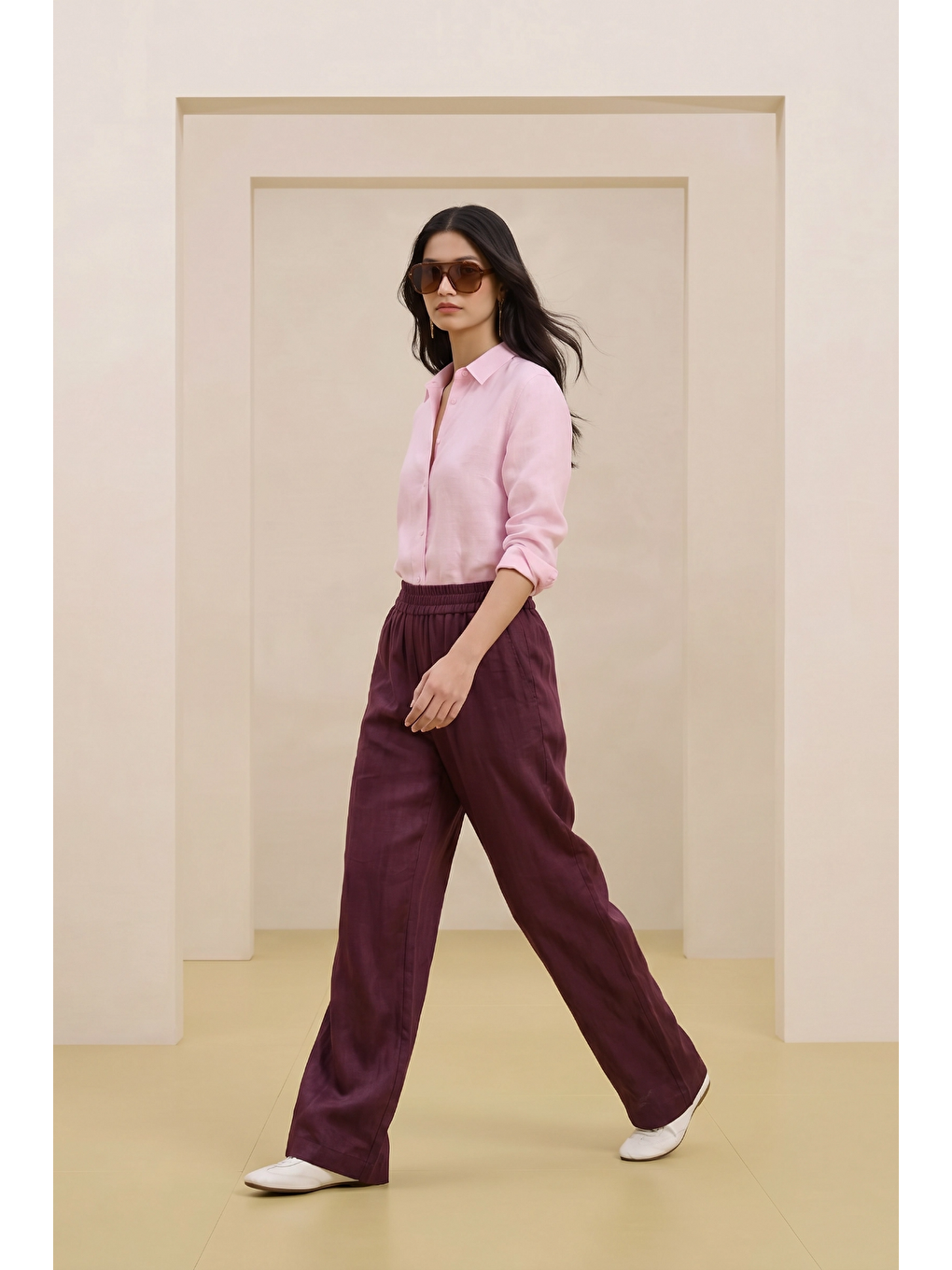 ALESTA | Yüksek Bel Dökümlü Pantolon Mürdüm-3