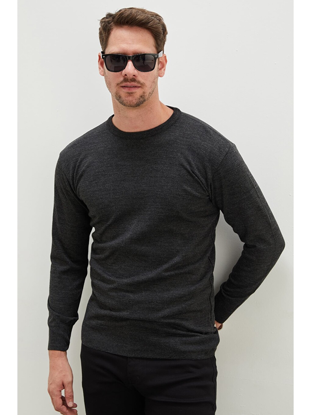 Antrasit Basic Bisiklet Yaka Regular Fit Triko Kazak-1