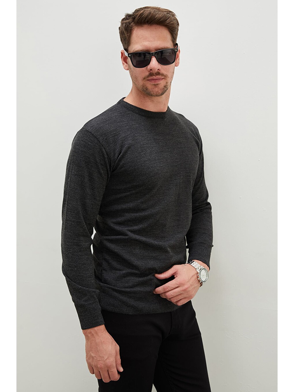 Antrasit Basic Bisiklet Yaka Regular Fit Triko Kazak-2